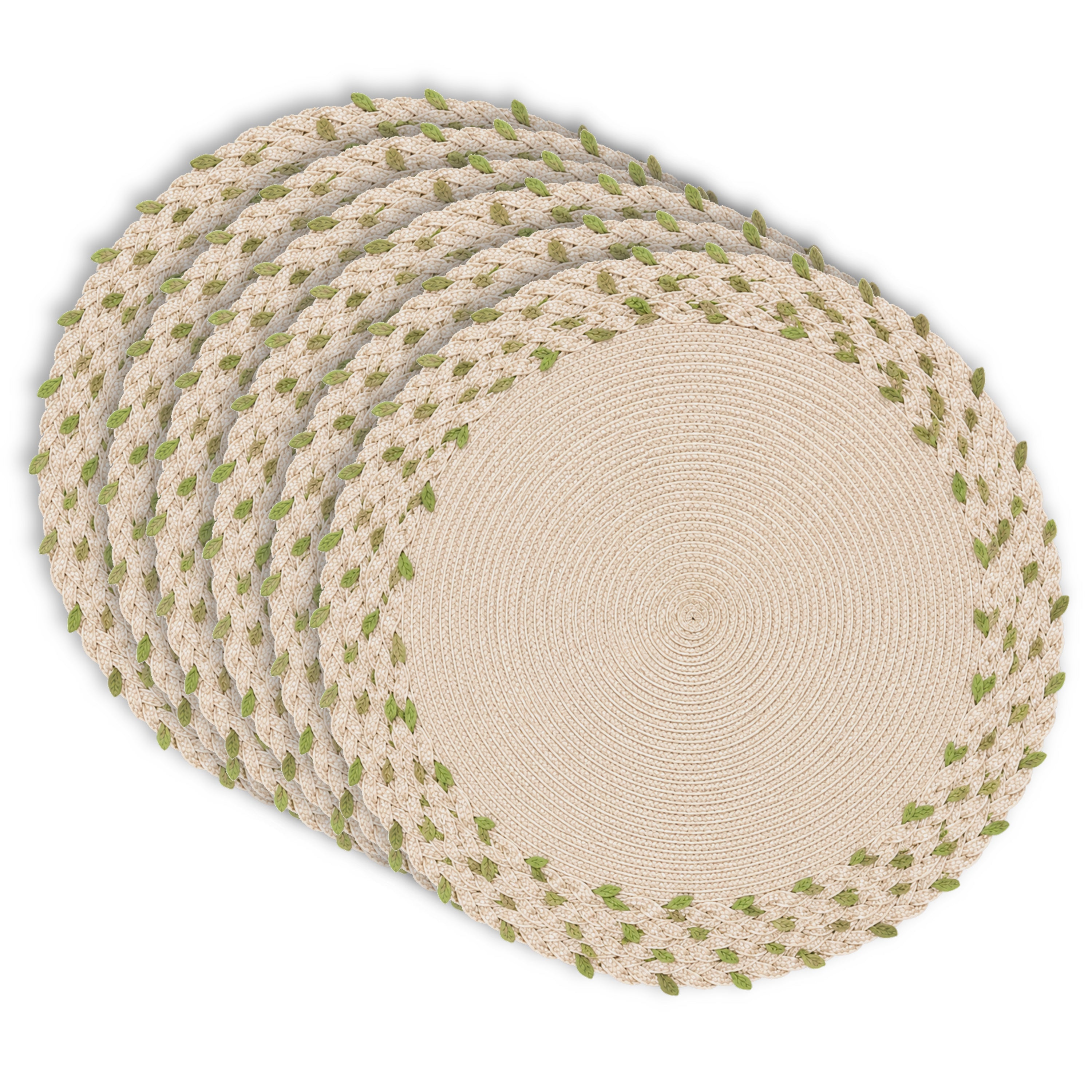 Dainty Home Leaf Trimmed 15" Round Placemats Set of 6 - Durable, Reversible & Non-Slip Table Mats