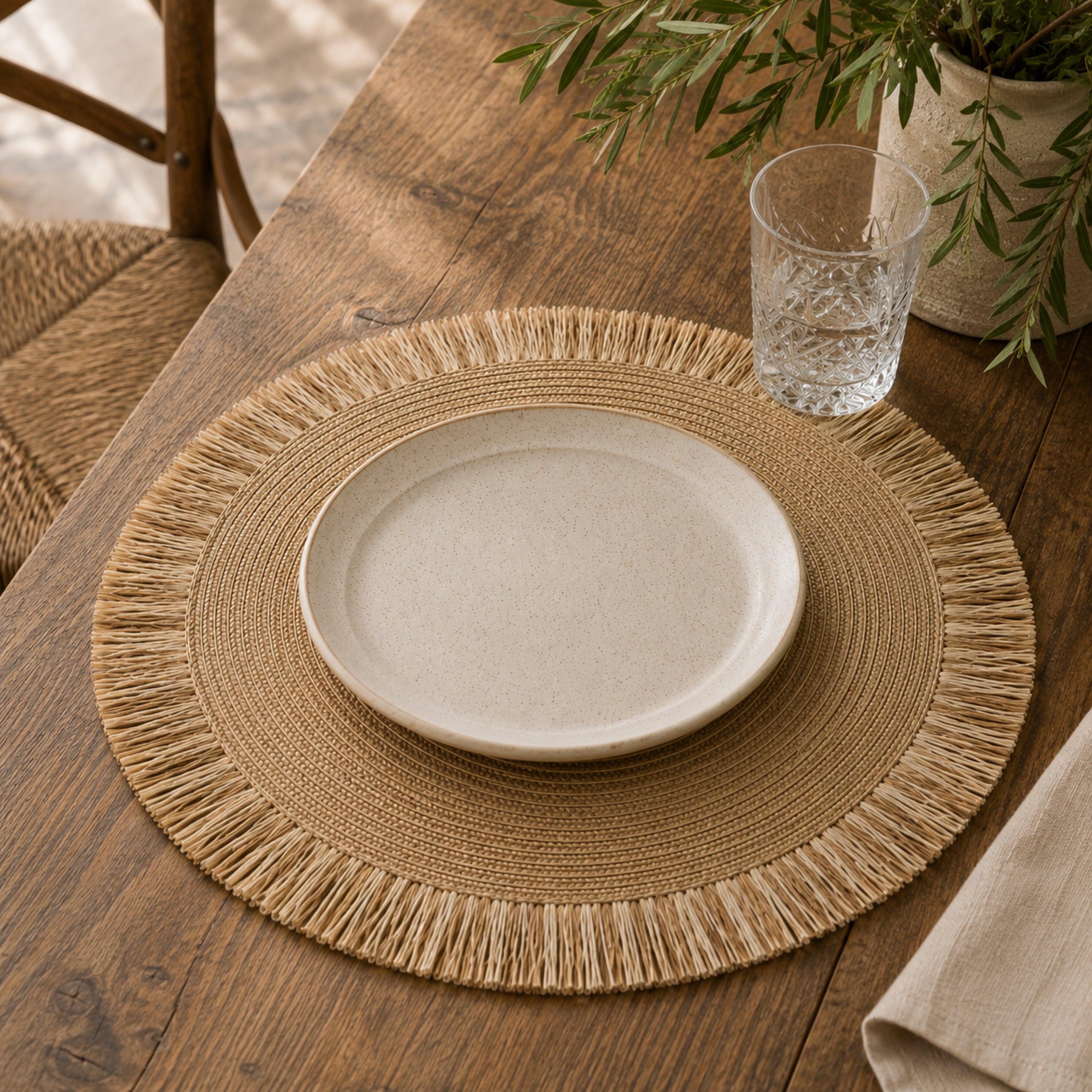 Dainty Home Tahiti 15" Round Natural Jute and Woven Paper Placemats Set of 6 - Durable Table Mats