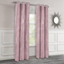 Load image into Gallery viewer, Pink textured curtains with silver lurex hanging in a room with a mirror on the wall.
