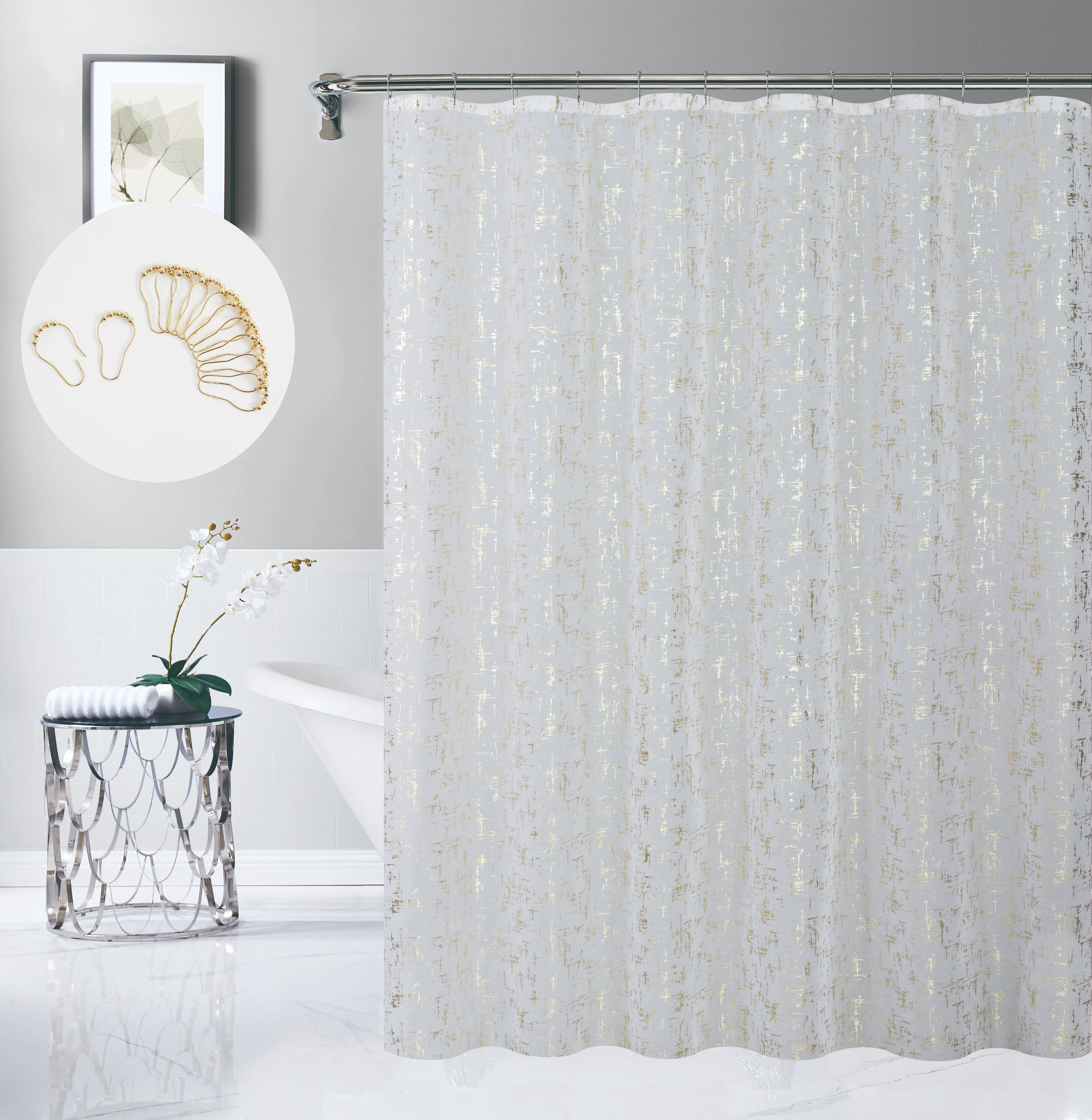 Dainty Home Lindsey Linen Textured Metallic Fabric Shower Curtain with 12 Matching Hooks 70" x 72"