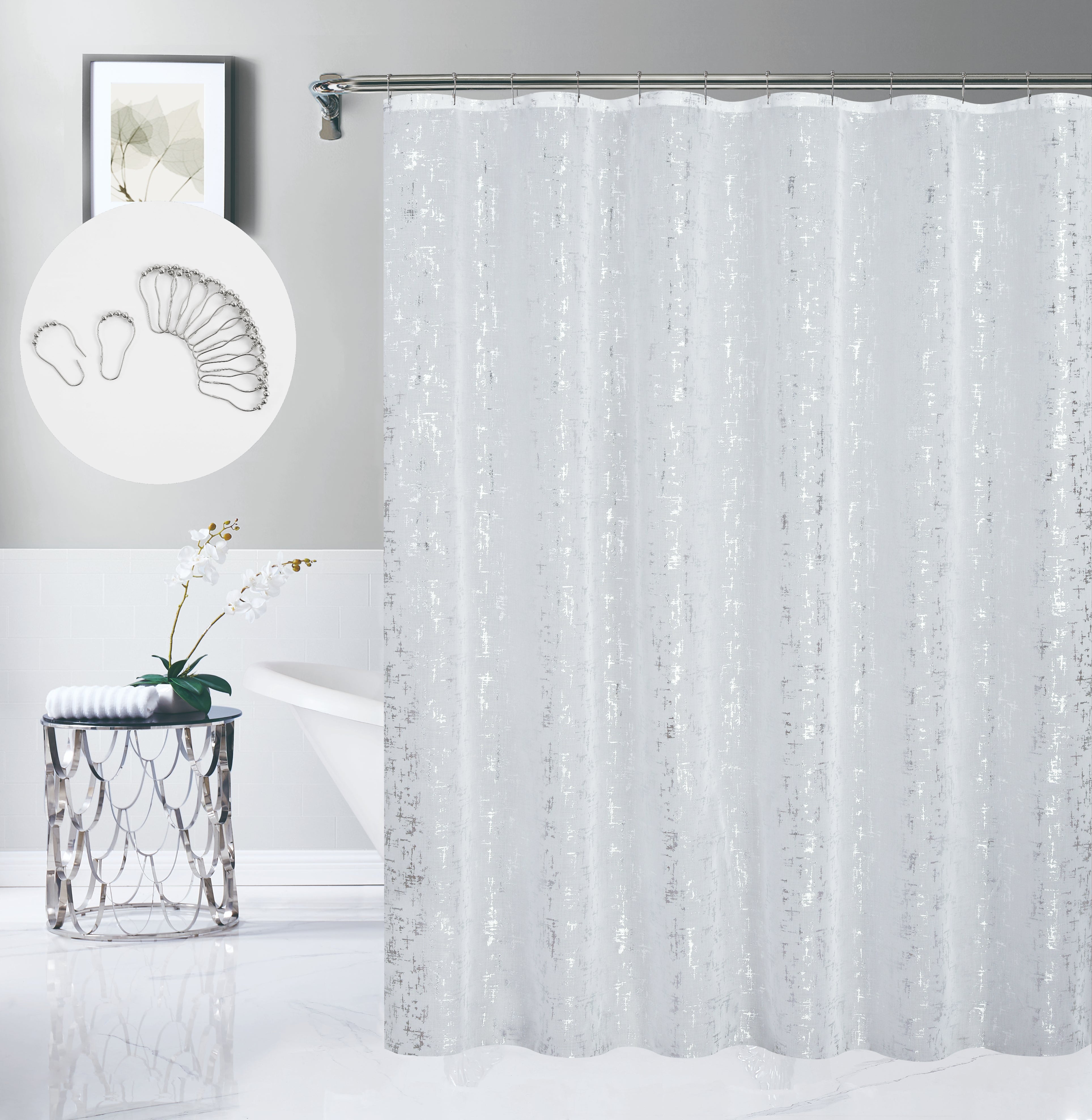 Dainty Home Lindsey Linen Textured Metallic Fabric Shower Curtain with 12 Matching Hooks 70" x 72"