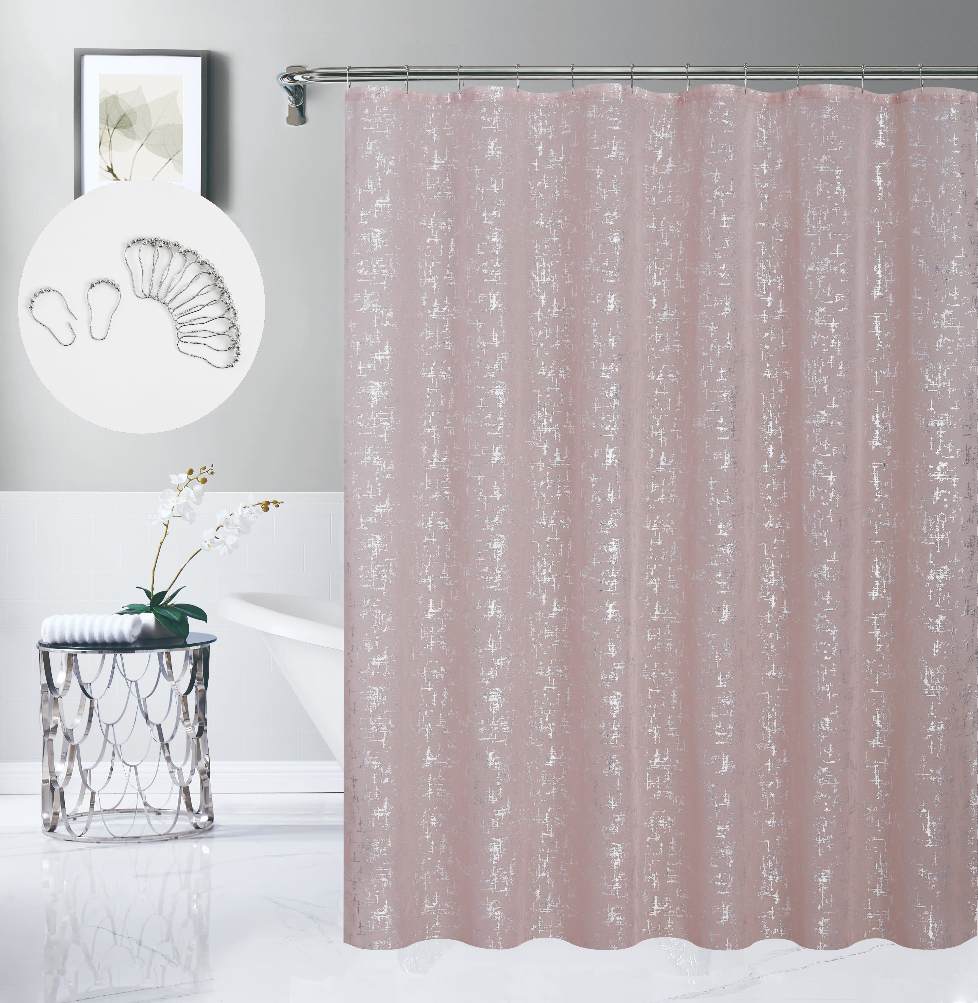 Dainty Home Lindsey Linen Textured Metallic Fabric Shower Curtain with 12 Matching Hooks 70" x 72"