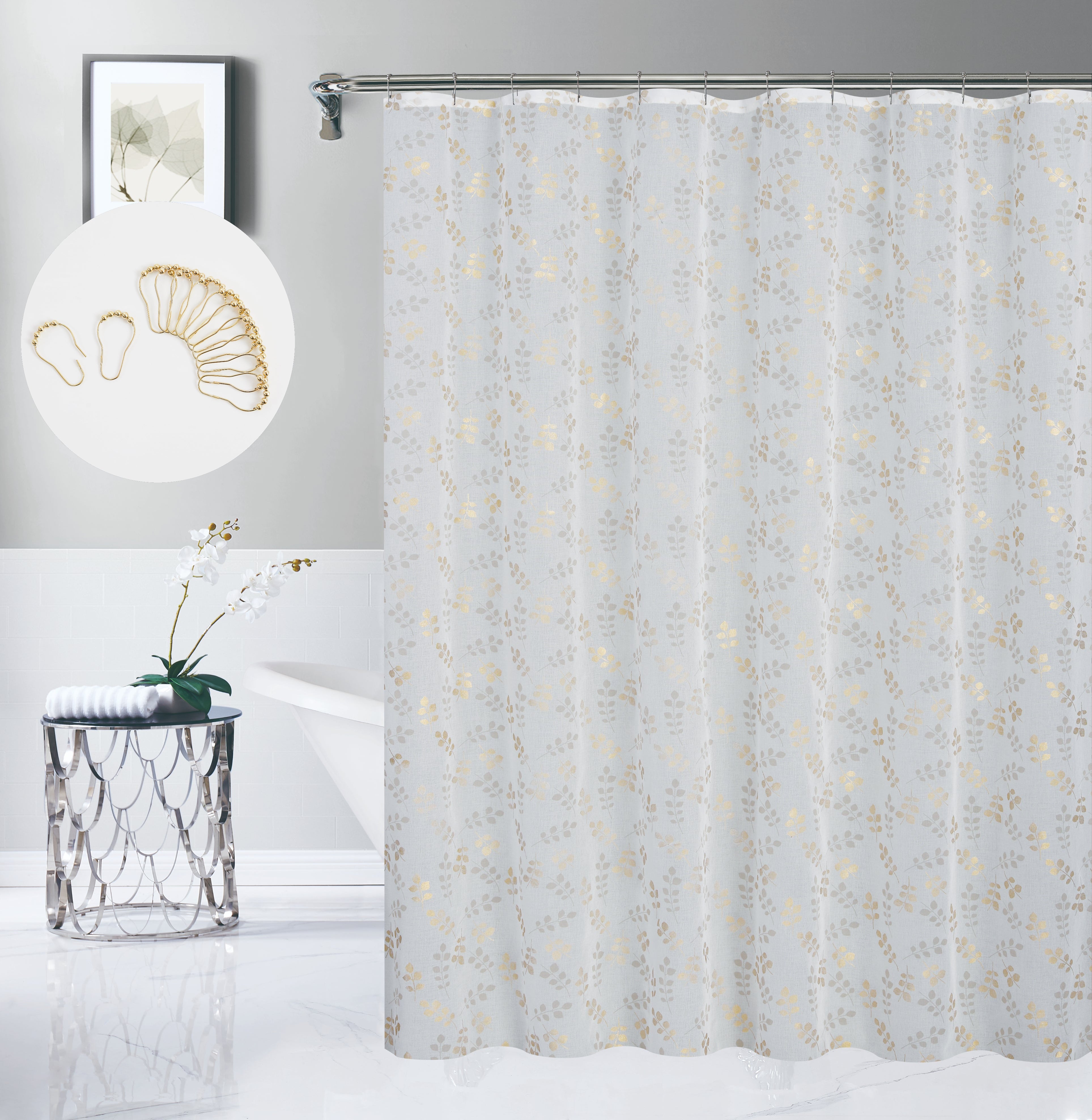 Dainty Home Clarissa Linen Textured Metallic Fabric Shower Curtain with 12 Matching Hooks 70" x 72"
