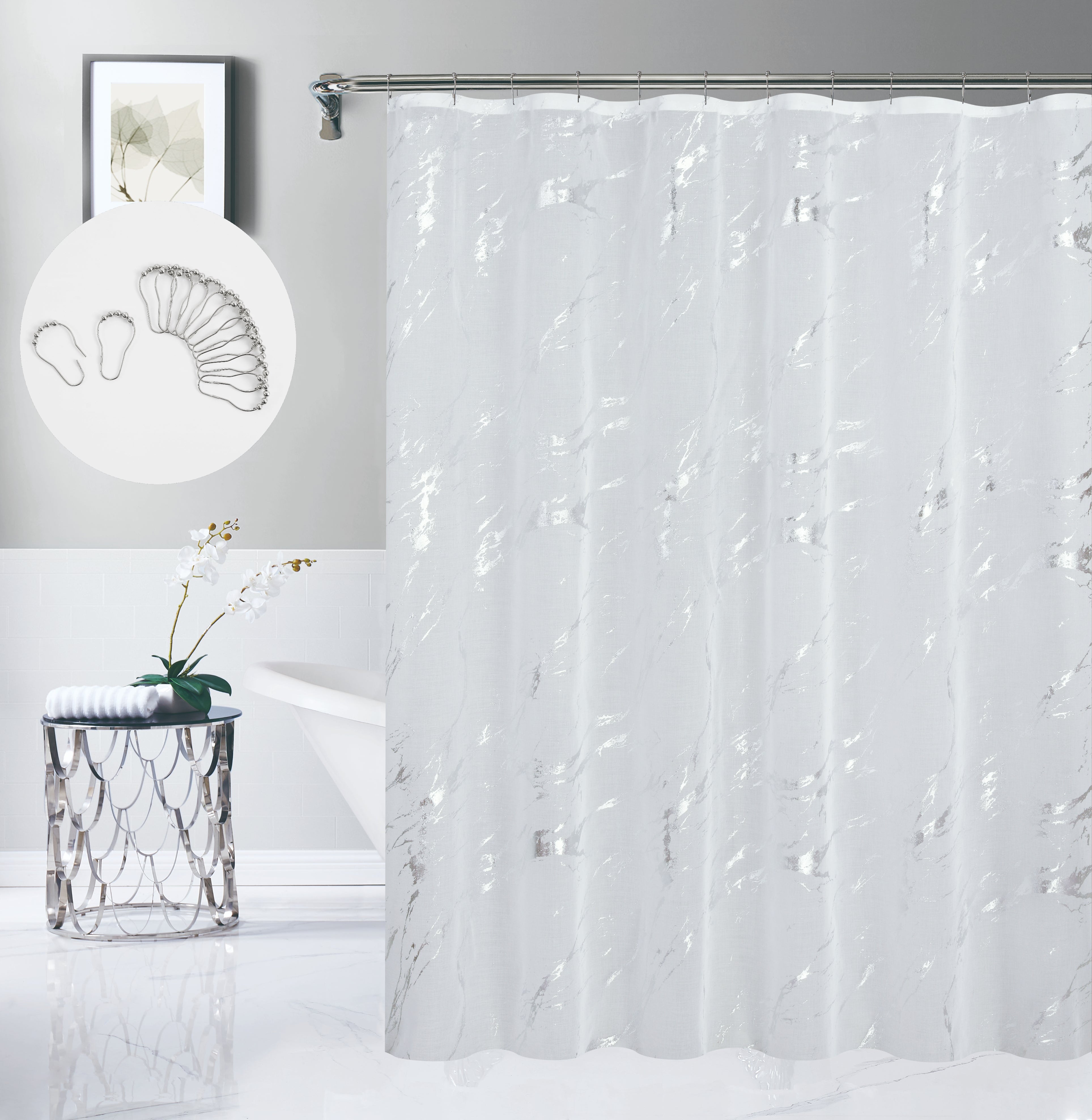 Dainty Home Chloe Linen Textured Metallic Fabric Shower Curtain with 12 Matching Hooks 70" x 72"