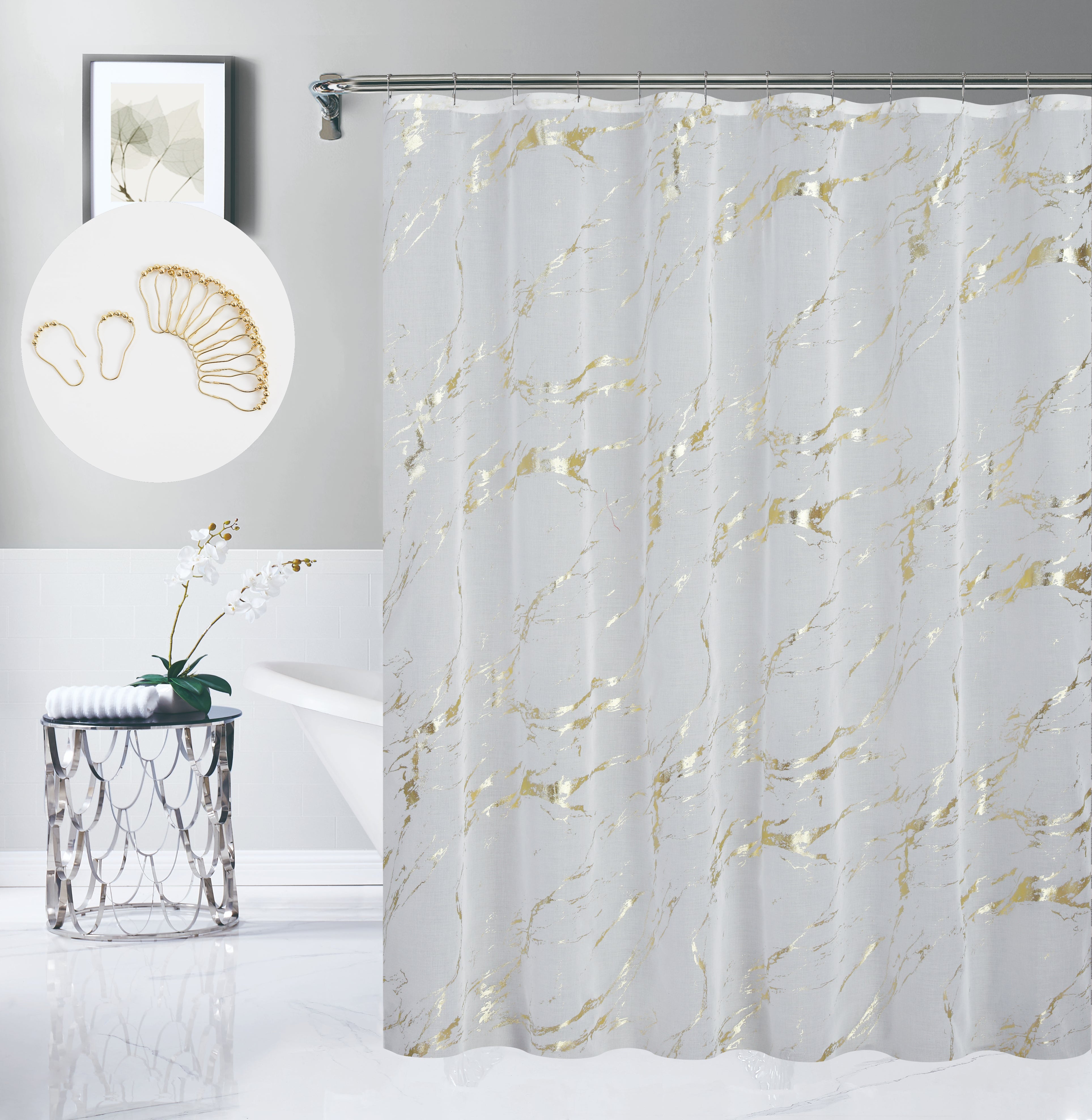 Dainty Home Chloe Linen Textured Metallic Fabric Shower Curtain with 12 Matching Hooks 70" x 72"