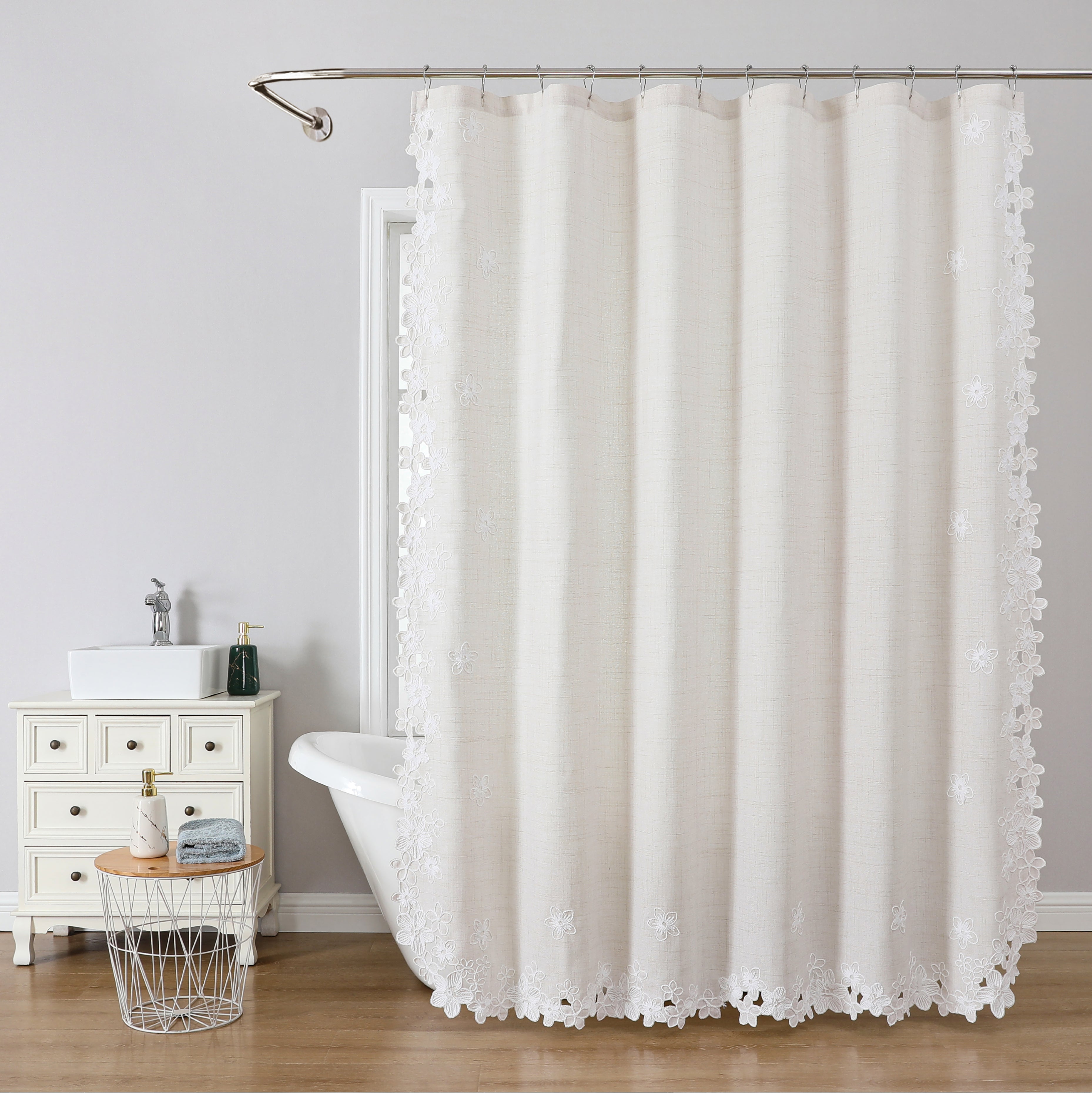 Dainty Home Ophelia Floral Scalloped Embroidered Textured Soft Linen Textured Fabric Shower Curtain, 72" x 72"