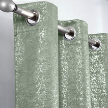 Load image into Gallery viewer, Sage Green Glittery curtain with silver grommets on a gray background
