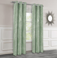 Load image into Gallery viewer, Sage Green textured curtains with silver lurex hanging in a room with a mirror on the wall.
