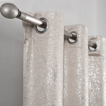 Load image into Gallery viewer, Beige Glittery curtain with silver grommets on a gray background

