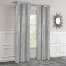 Load image into Gallery viewer, Silver textured curtains with silver lurex hanging in a room with a mirror on the wall.
