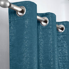 Load image into Gallery viewer, Teal Glittery curtain with silver grommets on a gray background

