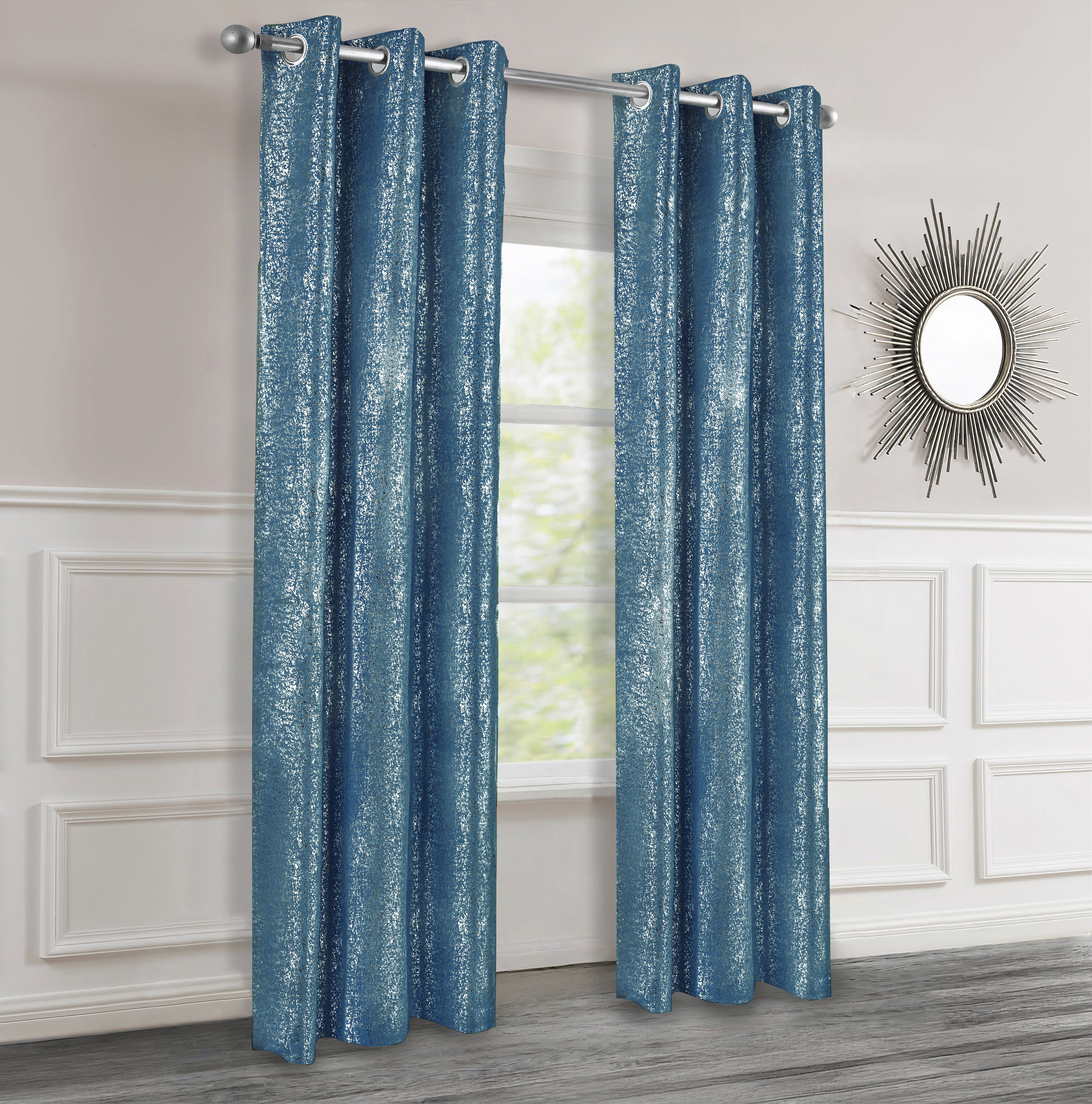 Teal textured curtains with silver lurex hanging in a room with a mirror on the wall.