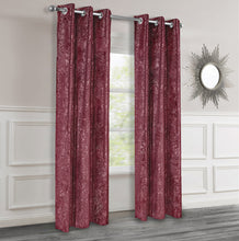 Load image into Gallery viewer, Burgundy textured curtains with silver lurex hanging in a room with a mirror on the wall.
