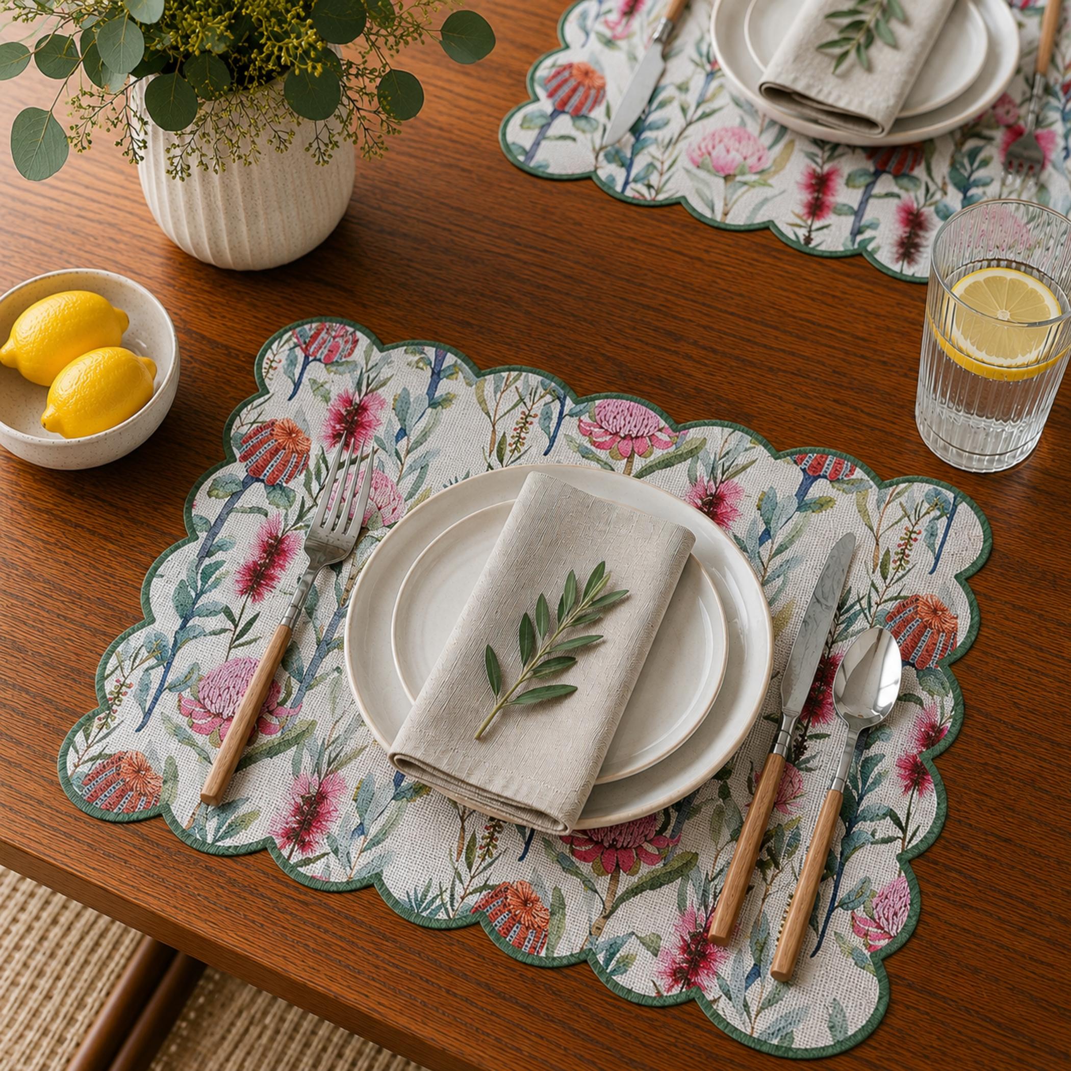 Dainty Home Garden Bloom Woven Vinyl Scalloped Border Rectangular Placemat Set Of 6 13" x 19"