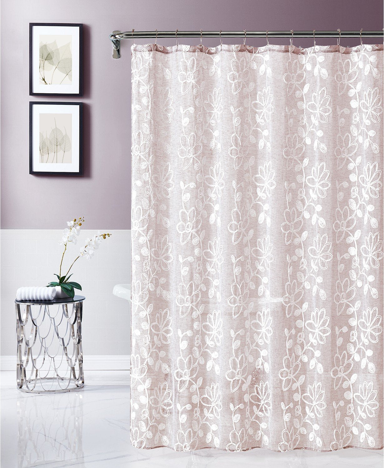 Dainty Home Rita 3D Linen Look Textured Floral 3D Chenille Designed Fabric Shower Curtain