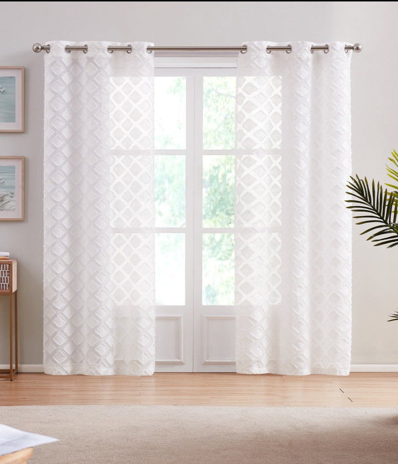 Dainty Home Katie Semi Sheer Linen Look Light Filtering Panel Pair With 3D Diamond Geometric Chenille Embroidery