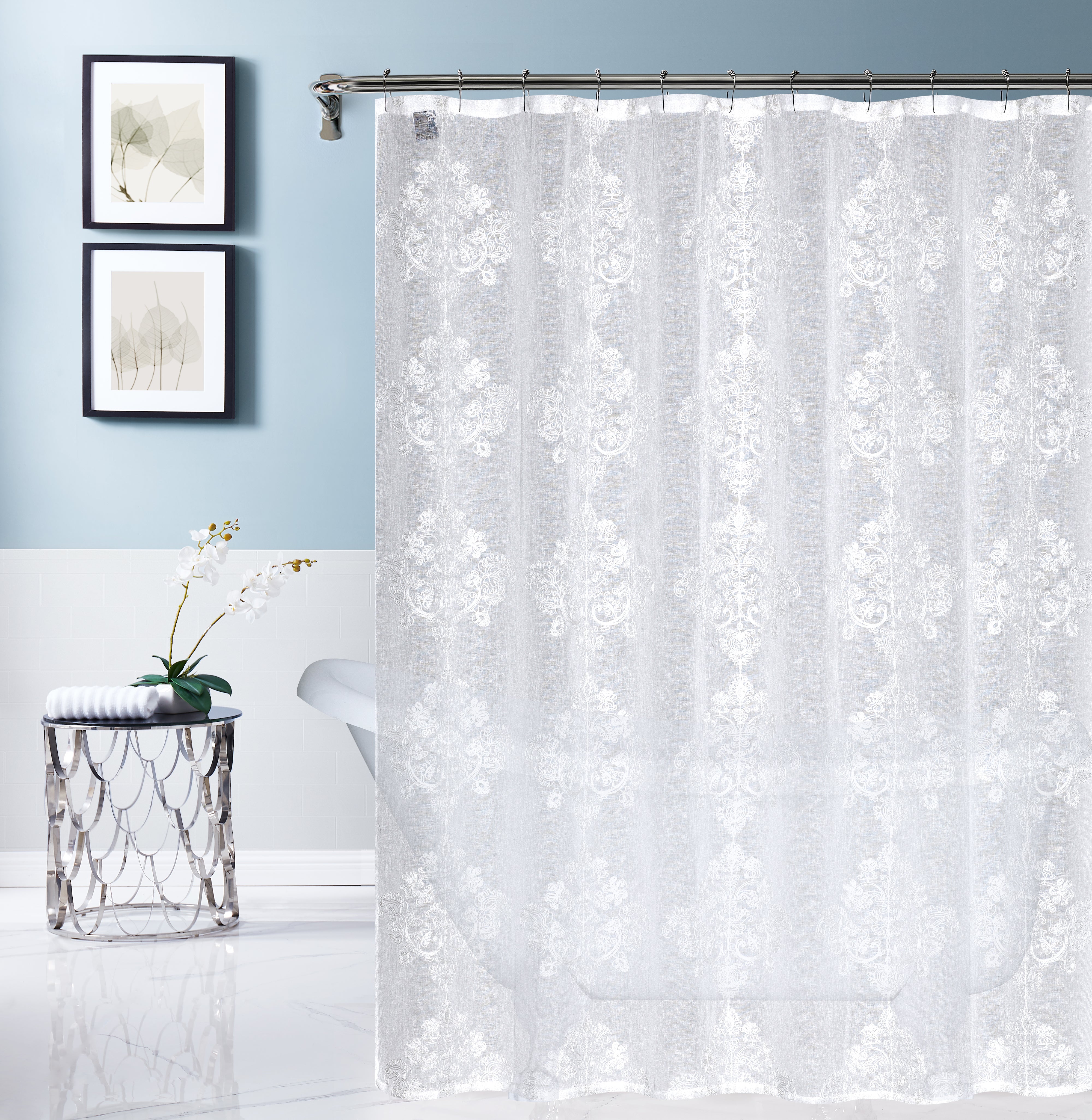 Dainty Home Amelie Modern 3D Damask Textured Embroidered Designed Linen-Look Fabric Shower Curtain