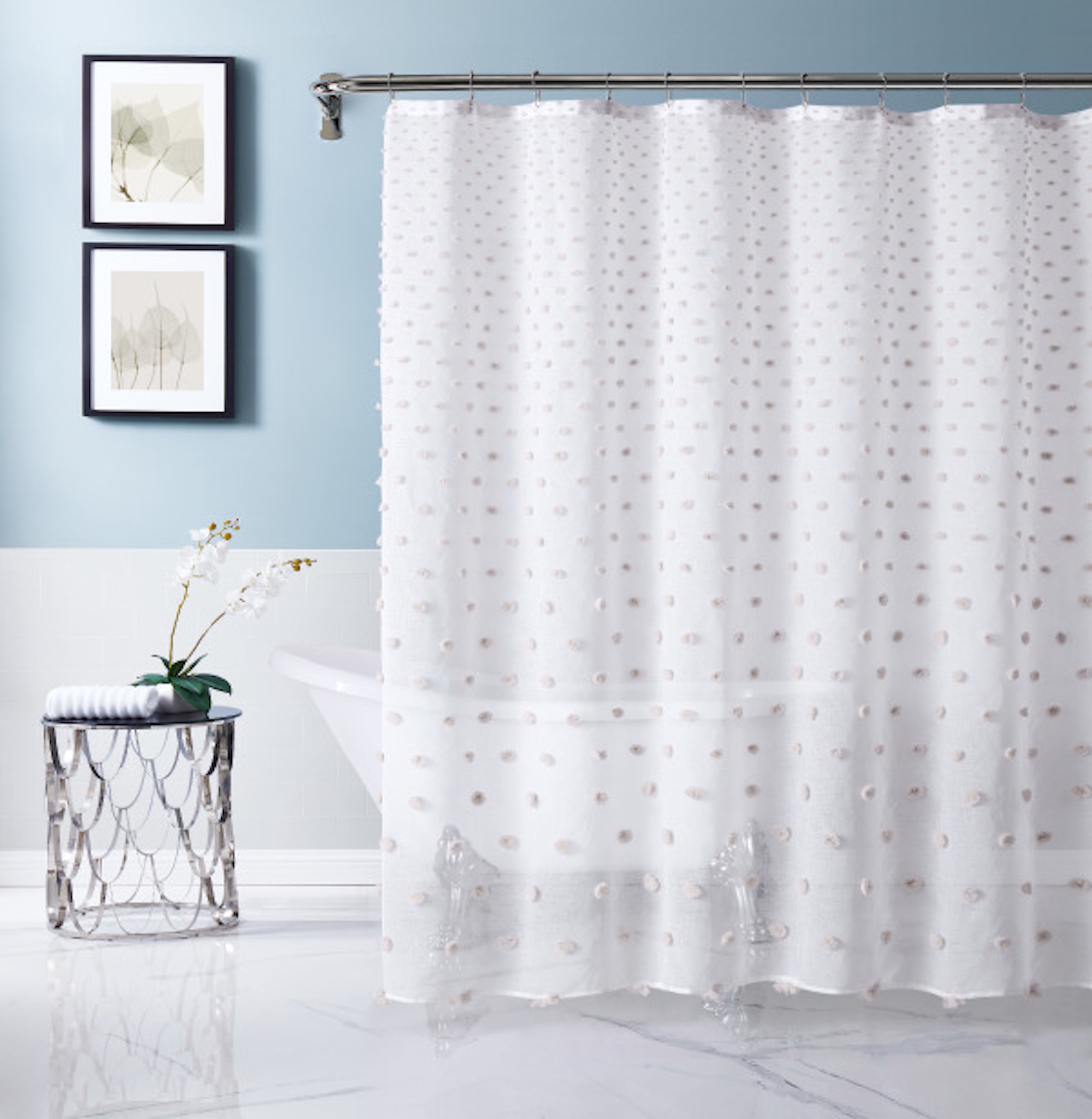 Dainty Home Ashley Modern 3D Linen-Look Fabric Shower Curtain With 3D Gradient Smaller to Bigger Cotton Like Puffs