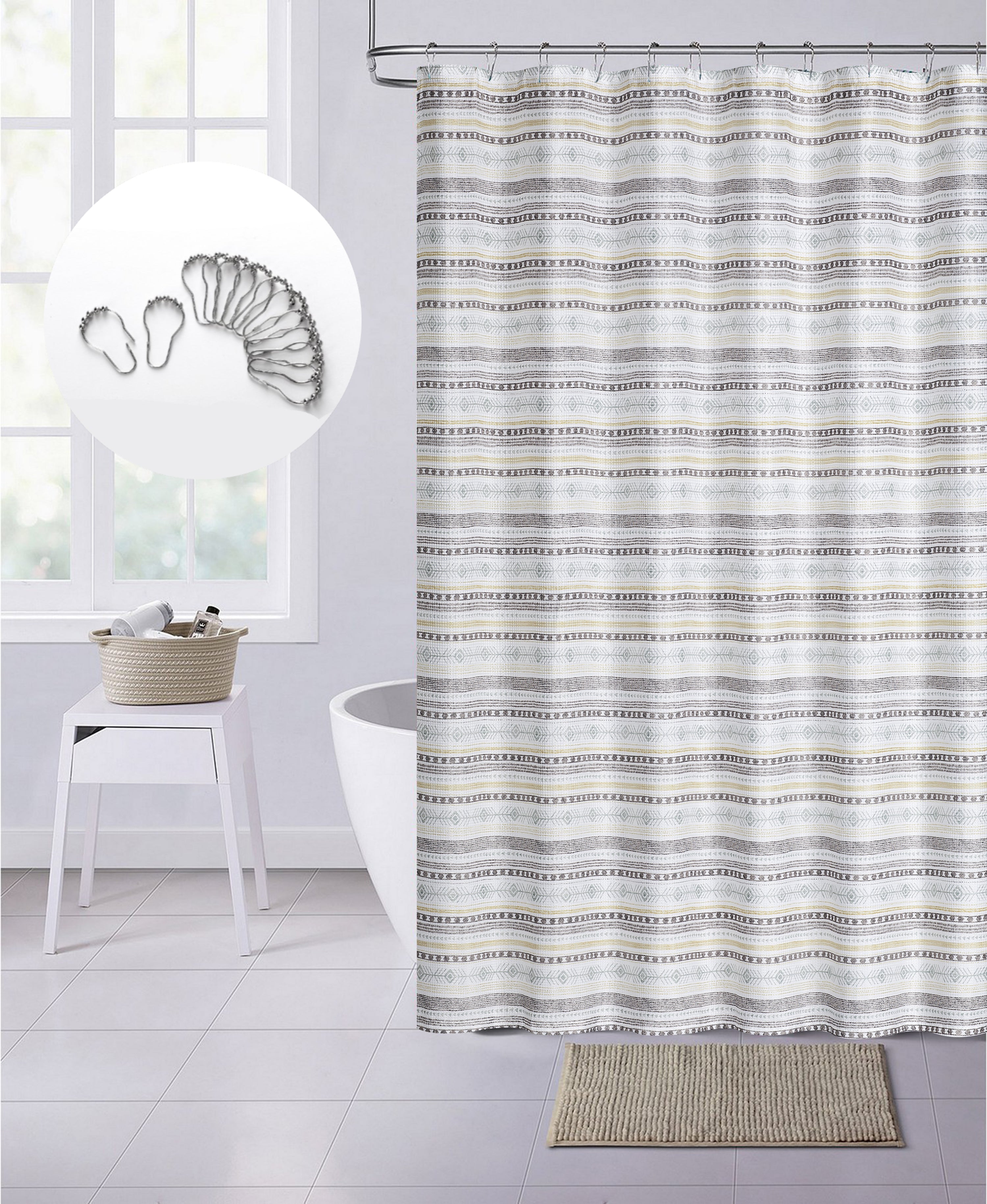 Dainty Home Printed 3D Waffle Weave Textured Aztec Designed Shower Curtain with 12 Roller Ball Hooks Included 70" x 72" in Multicolor
