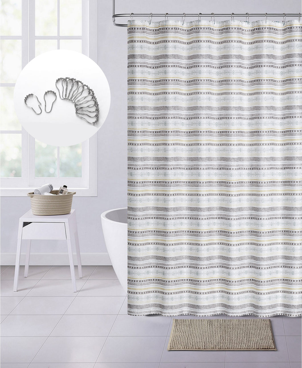 Dainty Home Printed 3D Waffle Weave Textured Aztec Designed Shower Curtain with 12 Roller Ball Hooks Included 70