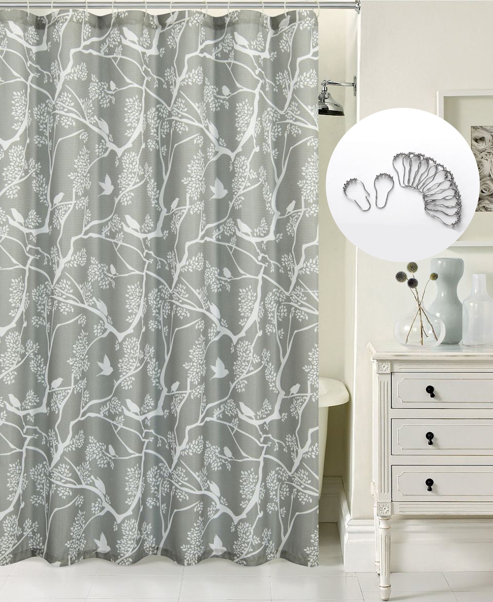 Dainty Home 13 Piece Birds Breeze Printed Waffle Weave Textured Shower Curtain And 12 Metal Rollerball Hooks