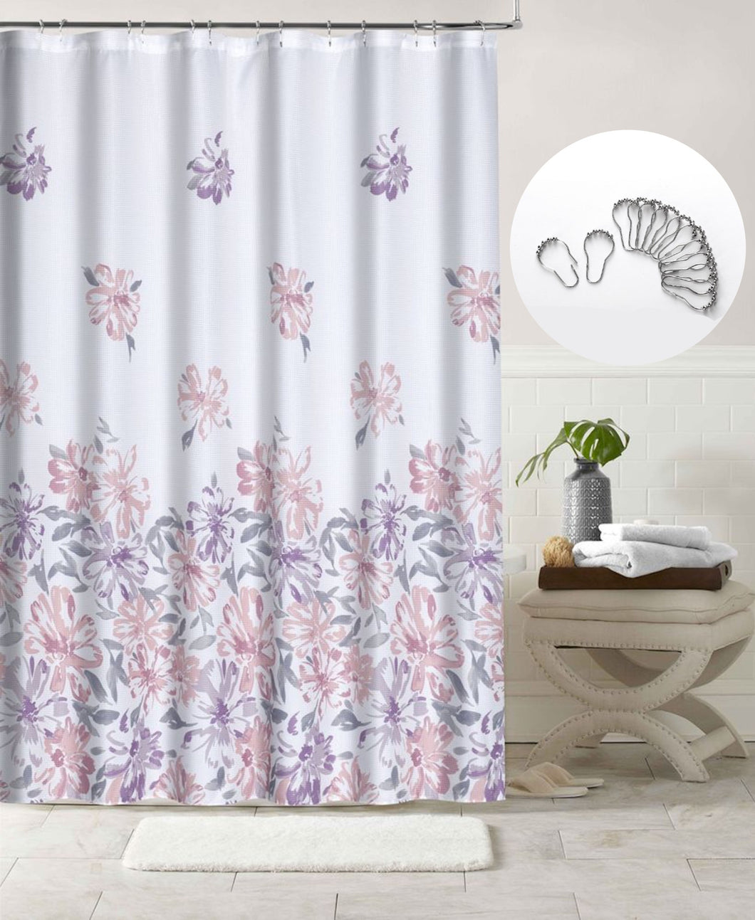 Dainty Home 13 Piece Bouquet Printed Waffle Weave Textured Shower Curtain And 12 Metal Rollerball Hooks