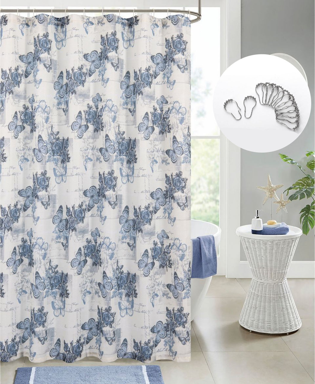 Dainty Home 13 Piece Butterflies Printed Waffle Weave Textured Shower Curtain And 12 Metal Rollerball Hooks