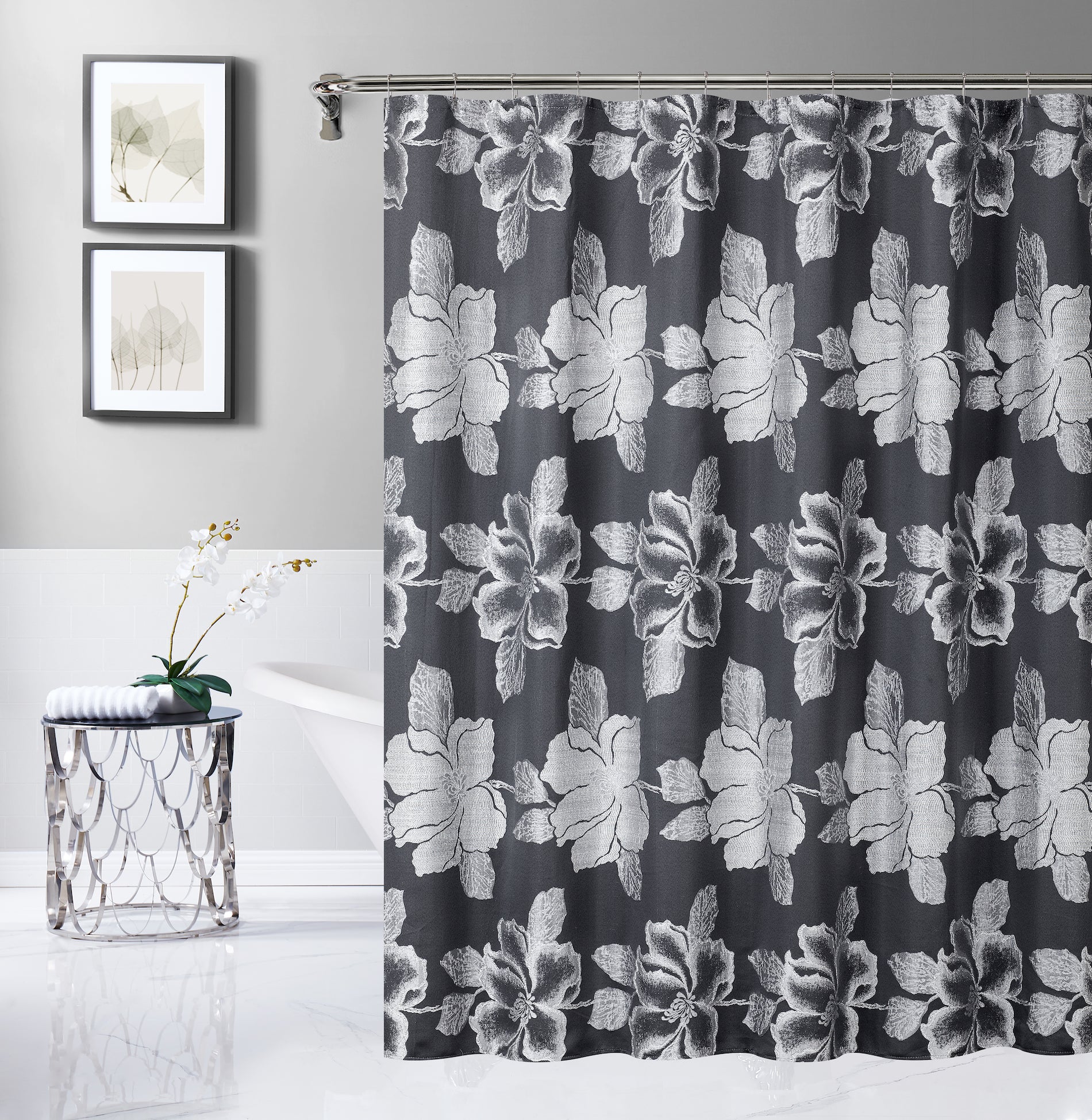 Dainty Home Floral Park 3D Floral Textured Weaved Lurex Floral Designed Fabric Shower Curtain 70"x 72"
