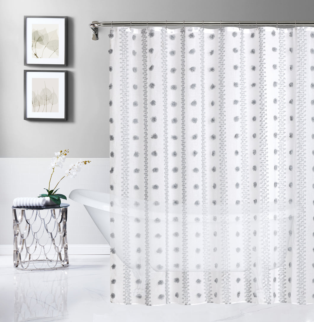 Dainty Home Cloud Modern 3D Linen-Look Fabric Shower Curtain With 3D Cotton Like Puffs