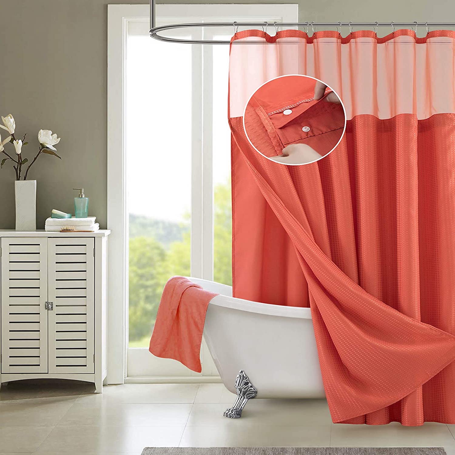 Dainty Home Complete 2 in 1 Waffle Weave Hotel Spa Style Fabric Shower Curtain Snap On/Off Waterproof Detachable Liner Set