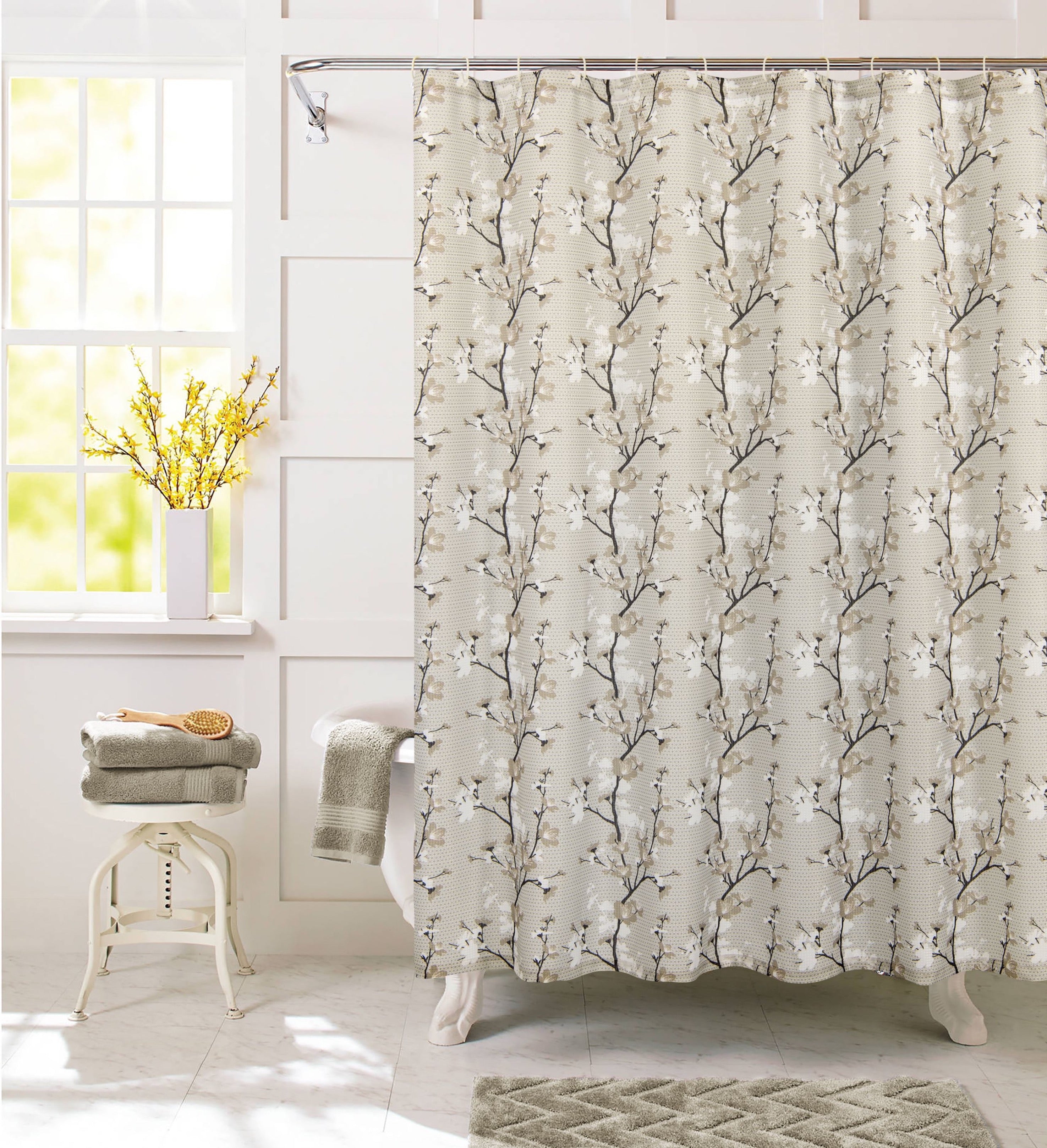 Dainty Home Printed Waffle 3D Textured Waffle Weave Textured Floral Designed Shower Curtain