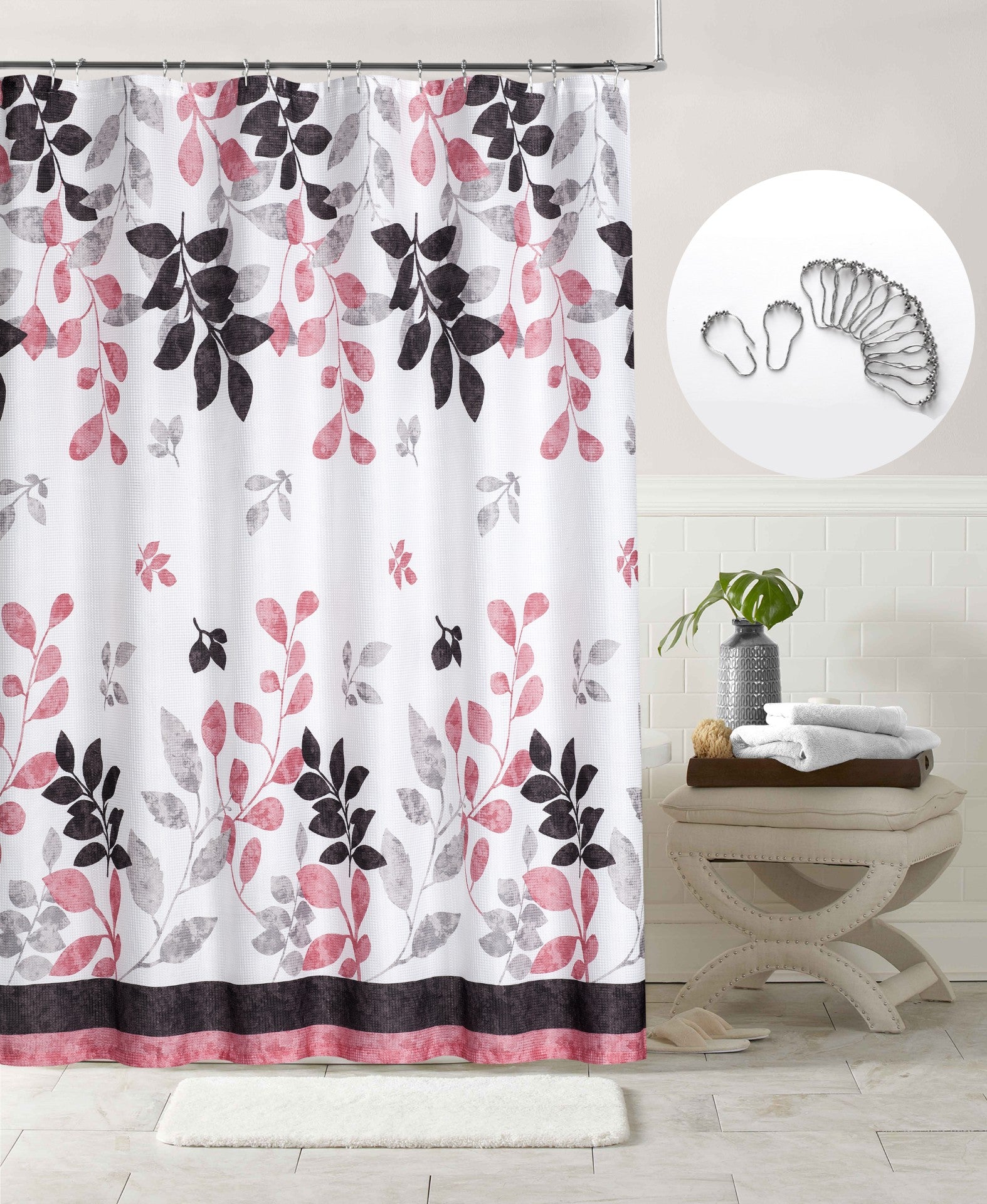 Dainty Home Printed Waffle 3D Textured Waffle Weave Leaves Designed Fabric Shower Curtain with 12 Roller Ball Hooks Included 70" x 72" in Black/Pink