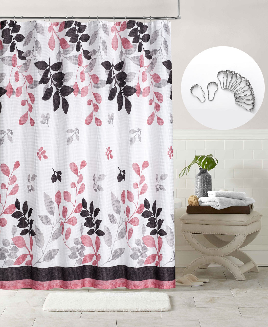 Dainty Home Printed Waffle 3D Textured Waffle Weave Leaves Designed Fabric Shower Curtain with 12 Roller Ball Hooks Included 70