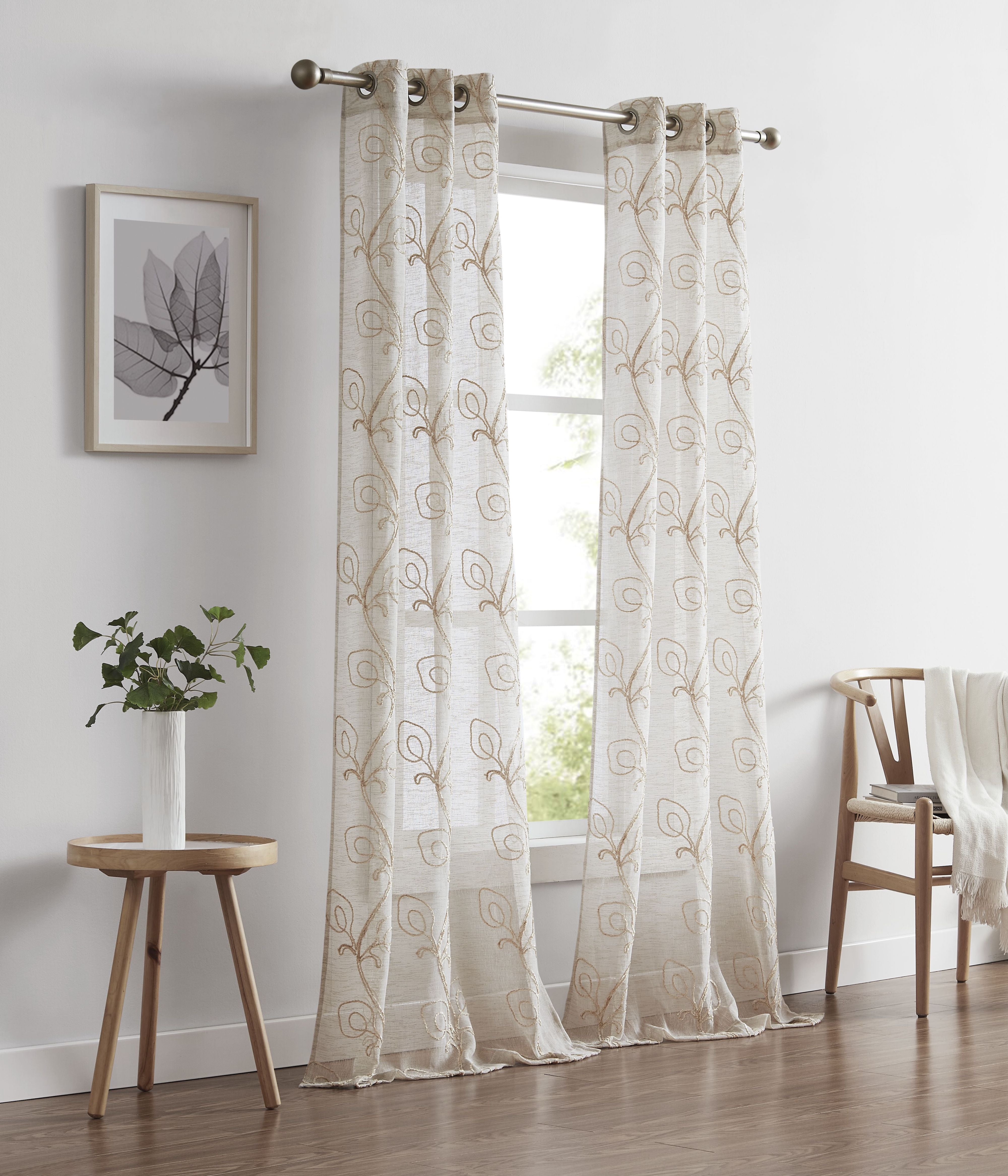 Dainty Home Stella Linen Look Boho Solid Fabric With 3D Floral Chenille Embroidery Light Filtering Grommet Panel Pair