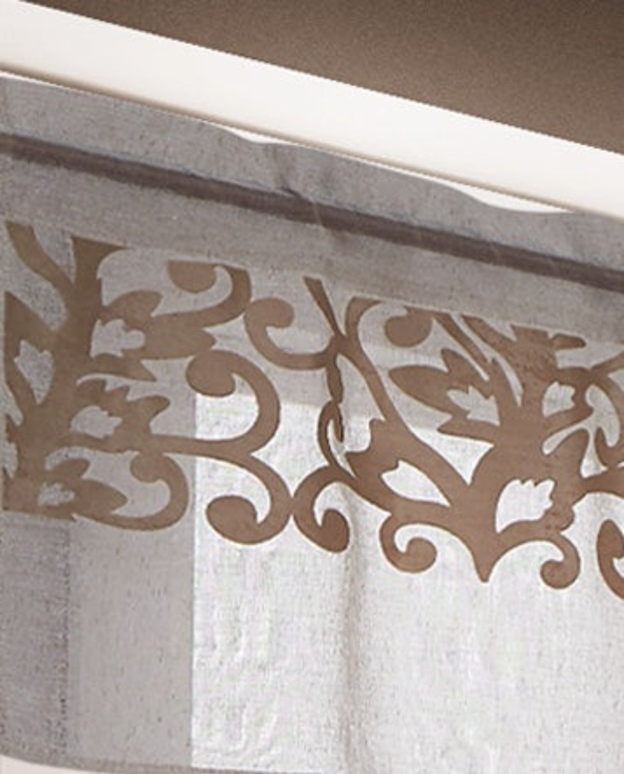 Dainty Home Natalie Boho Linen Look Fabric With 3D Applique Velvet Scroll Designed Kitchen Curtain Set, 1 Valance 52" x 18" and 2 Tiers 26" x 36"