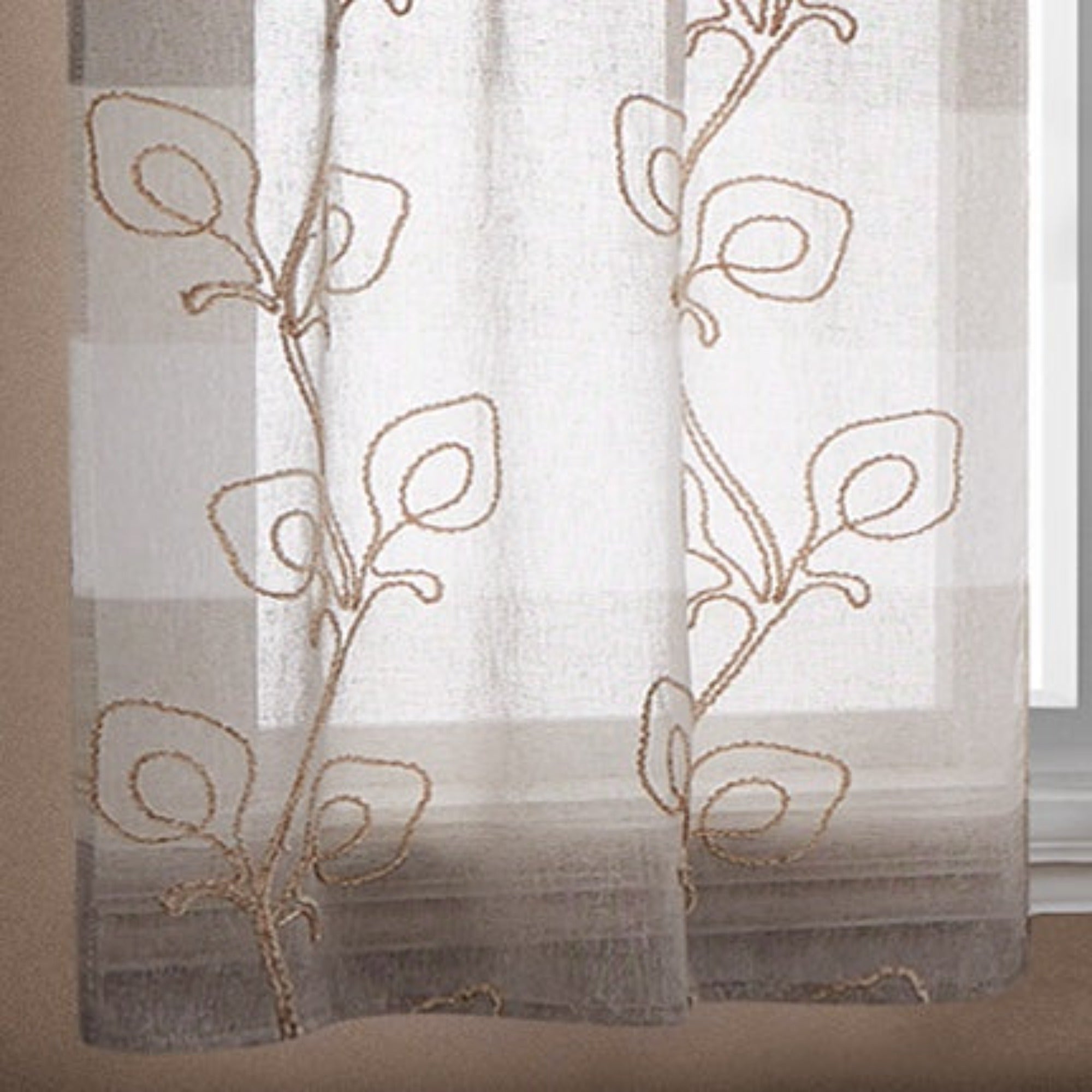 Dainty Home Silvia Boho Linen Look Striped Ombre Fabric With 3D Floral Chenille Embroidery Kitchen Curtain Set, 1 Valance 52 x 18 and 2 Tiers 26 x 36