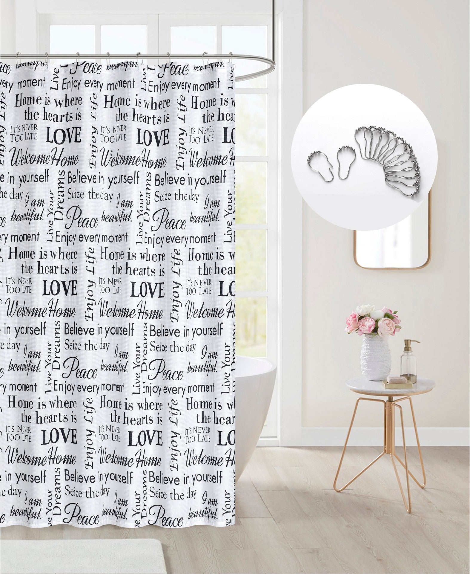 Dainty Home Printed 3D Textured Waffle Weave Textured Love Phrases Designed Fabric Shower Curtain with 12 Roller Ball Hooks Included 70" x 72"