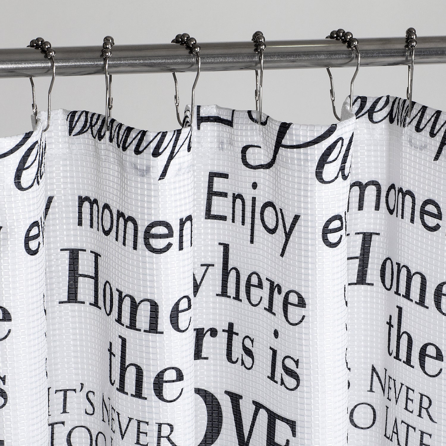 Dainty Home Printed 3D Textured Waffle Weave Textured Love Phrases Designed Fabric Shower Curtain with 12 Roller Ball Hooks Included 70" x 72"