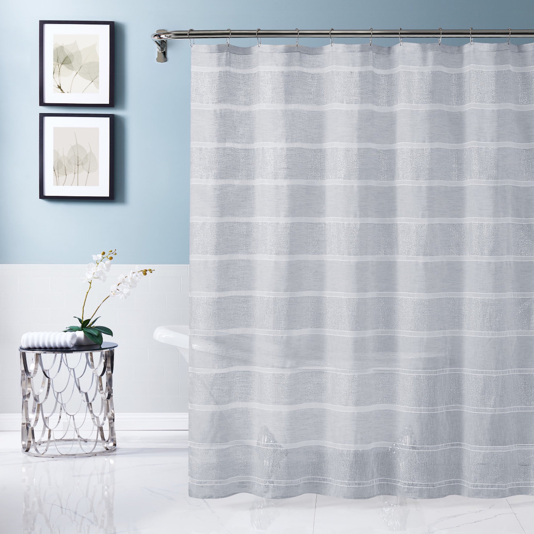 Dainty Home Lurex Stripe 3D Lurex Embedded Textured Striped Linen Look Shower Curtain With Lurex Stripes