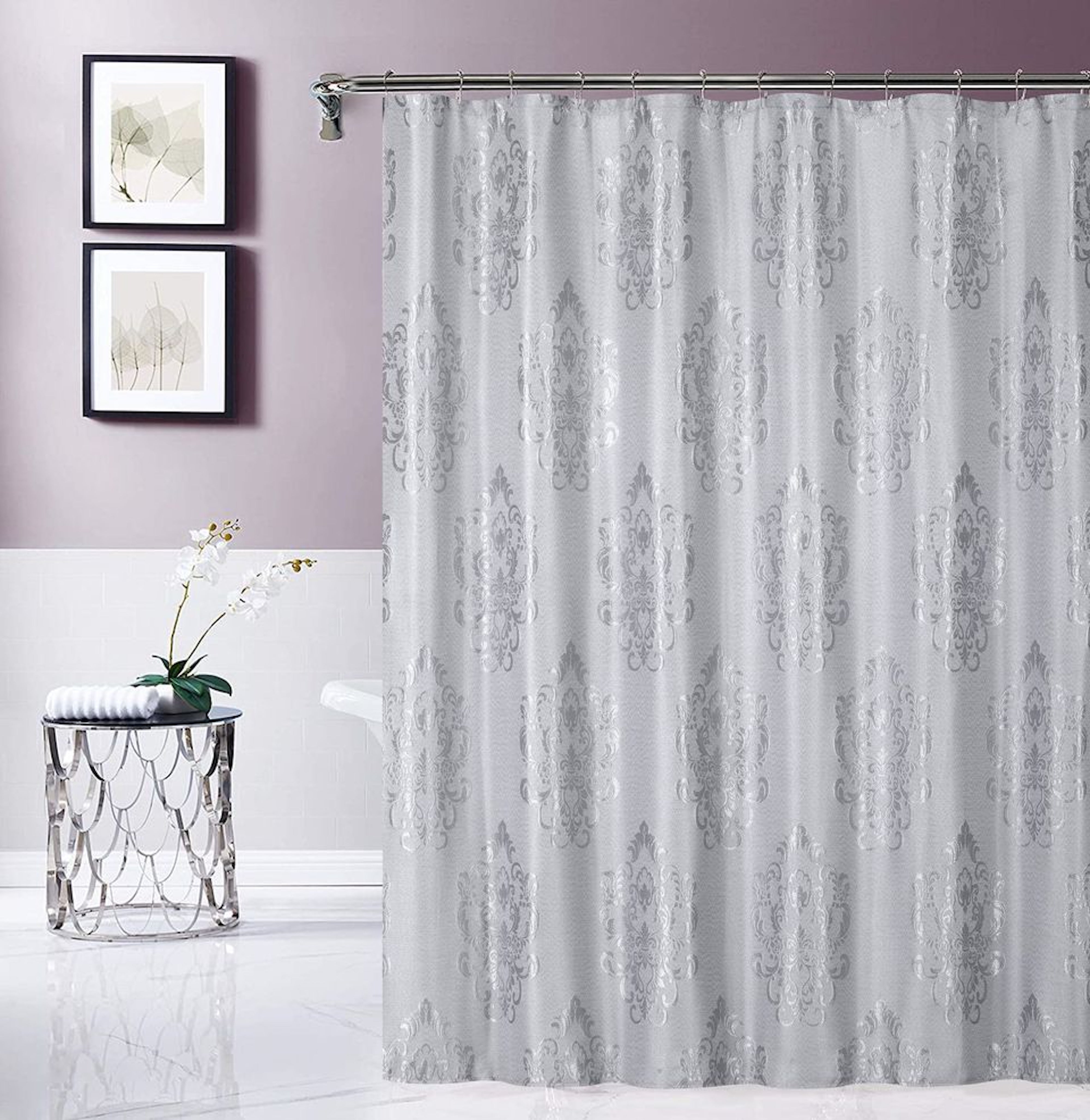 Dainty Home Majestic Satin Embroidered Damask Textured Weaved Cotton Feel Designed Fabric Shower Curtain