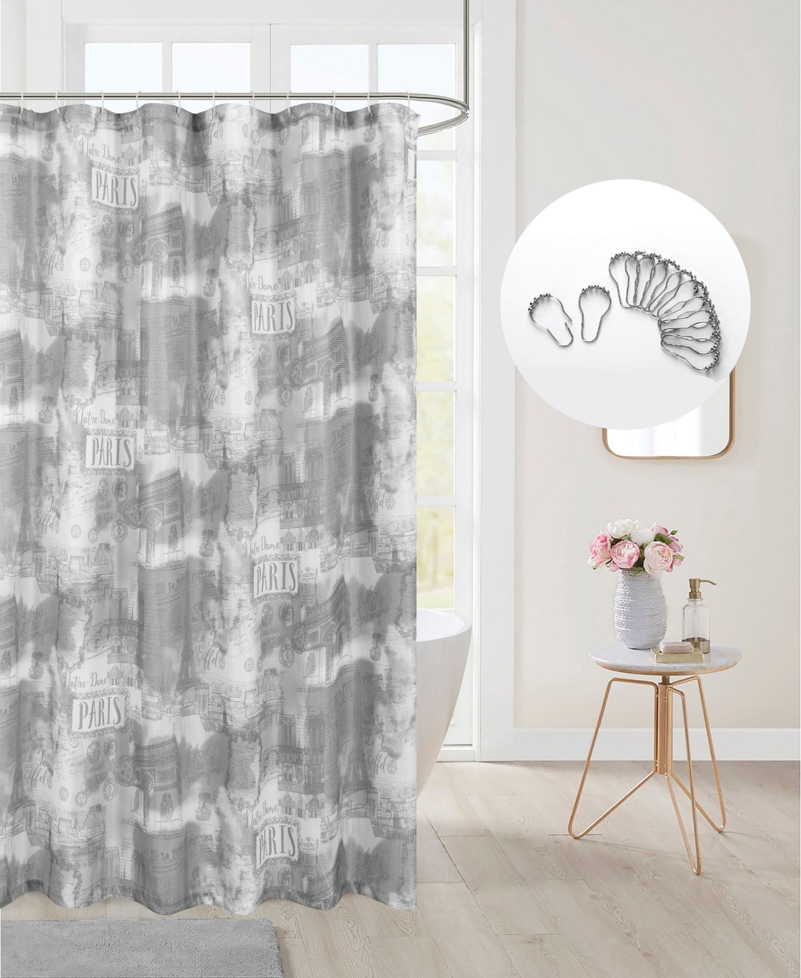 Dainty Home 13 Piece Paris Printed Waffle Weave Textured Shower Curtain And 12 Metal Rollerball Hooks