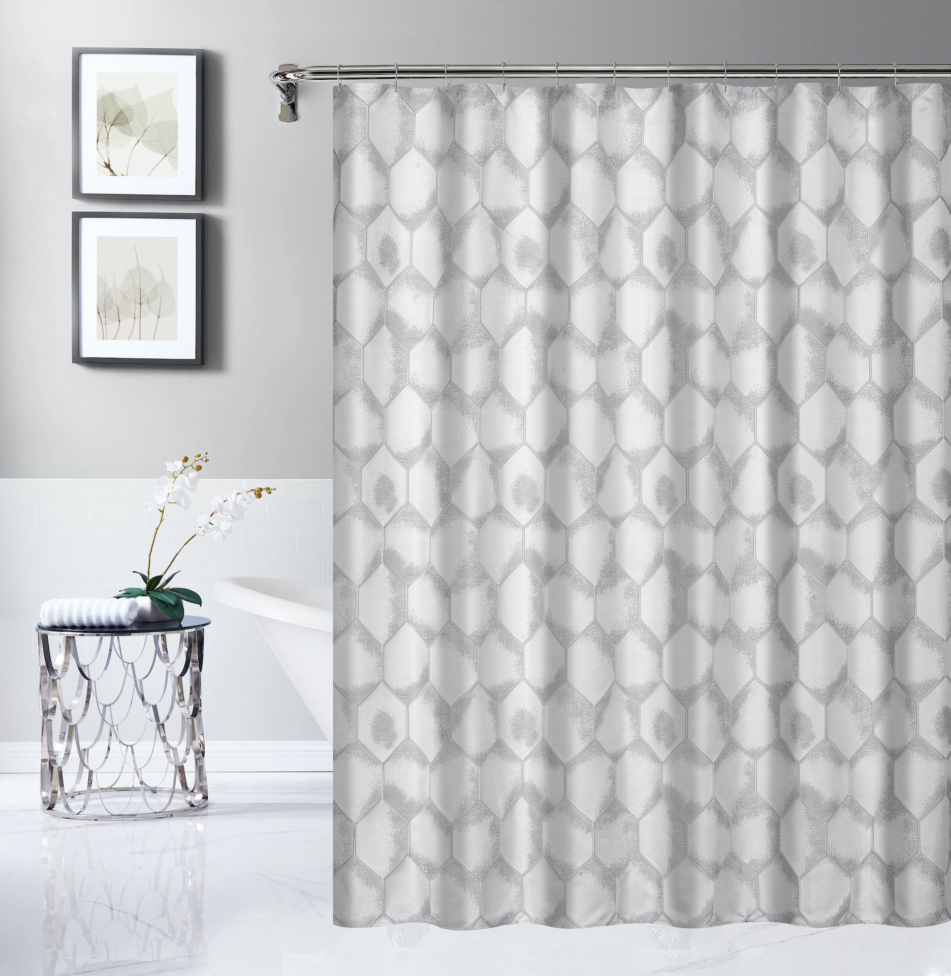 Dainty Home Tiles 3D Embossed Textured Lustrous Lurex Tile Designed Fabric Shower Curtain