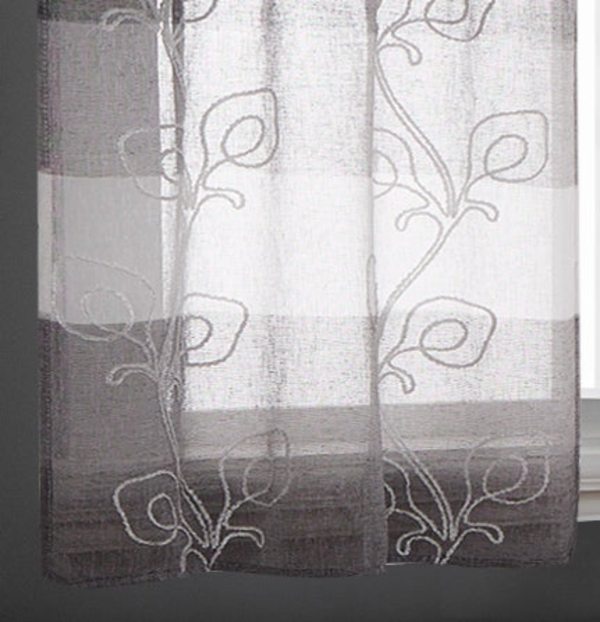 Dainty Home Silvia Boho Linen Look Striped Ombre Fabric With 3D Floral Chenille Embroidery Kitchen Curtain Set, 1 Valance 52 x 18 and 2 Tiers 26 x 36