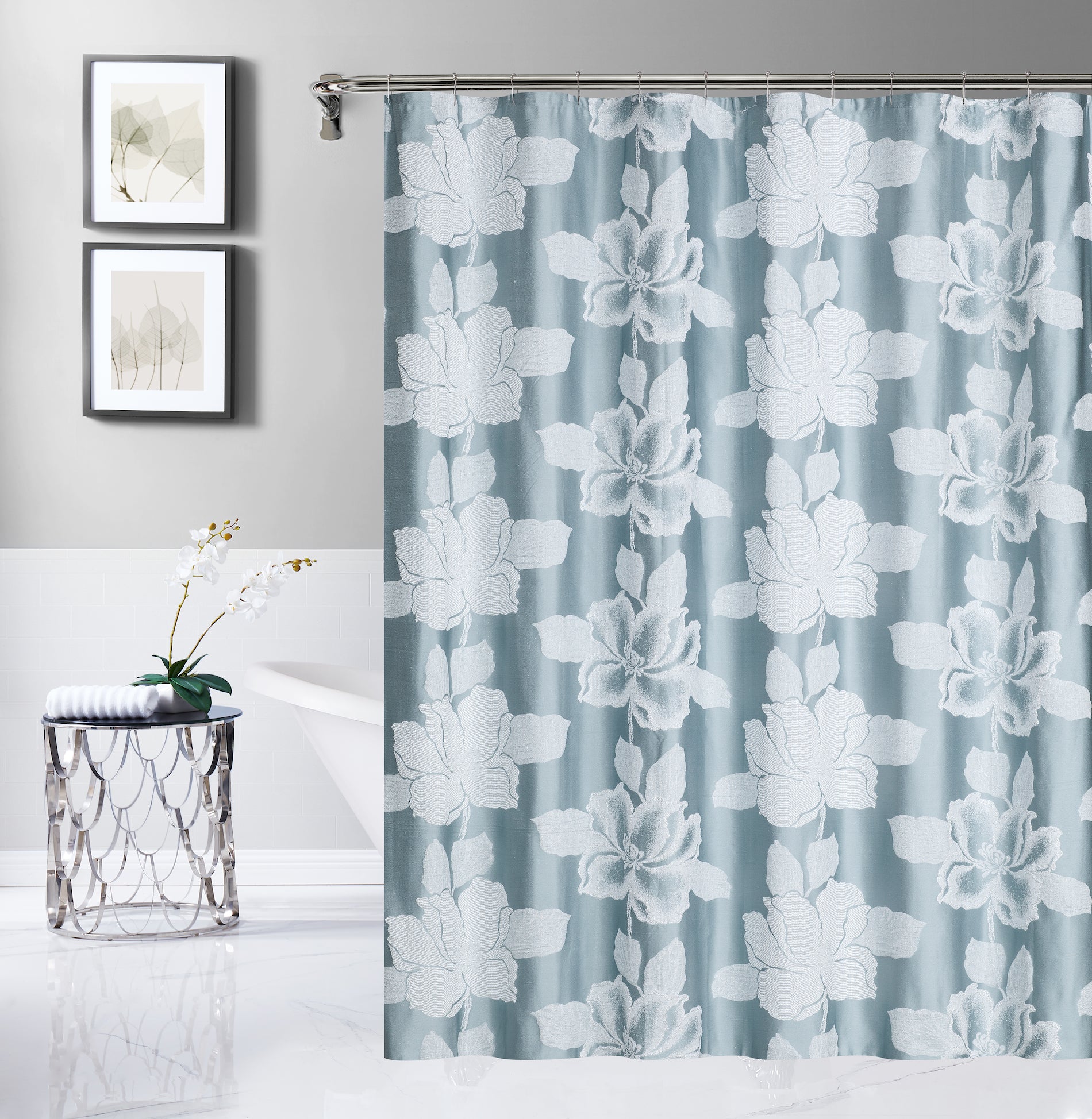 Dainty Home Floral Park 3D Floral Textured Weaved Lurex Floral Designed Fabric Shower Curtain 70"x 72"