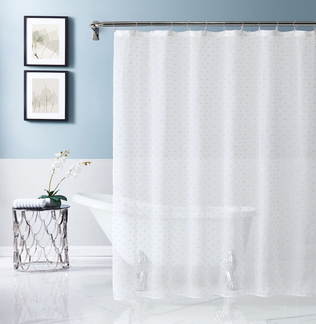 Dainty Home Sprinkles 3D Solid Linen Look Textured Ribbon Embellished Lurex Designed Fabric Shower Curtain