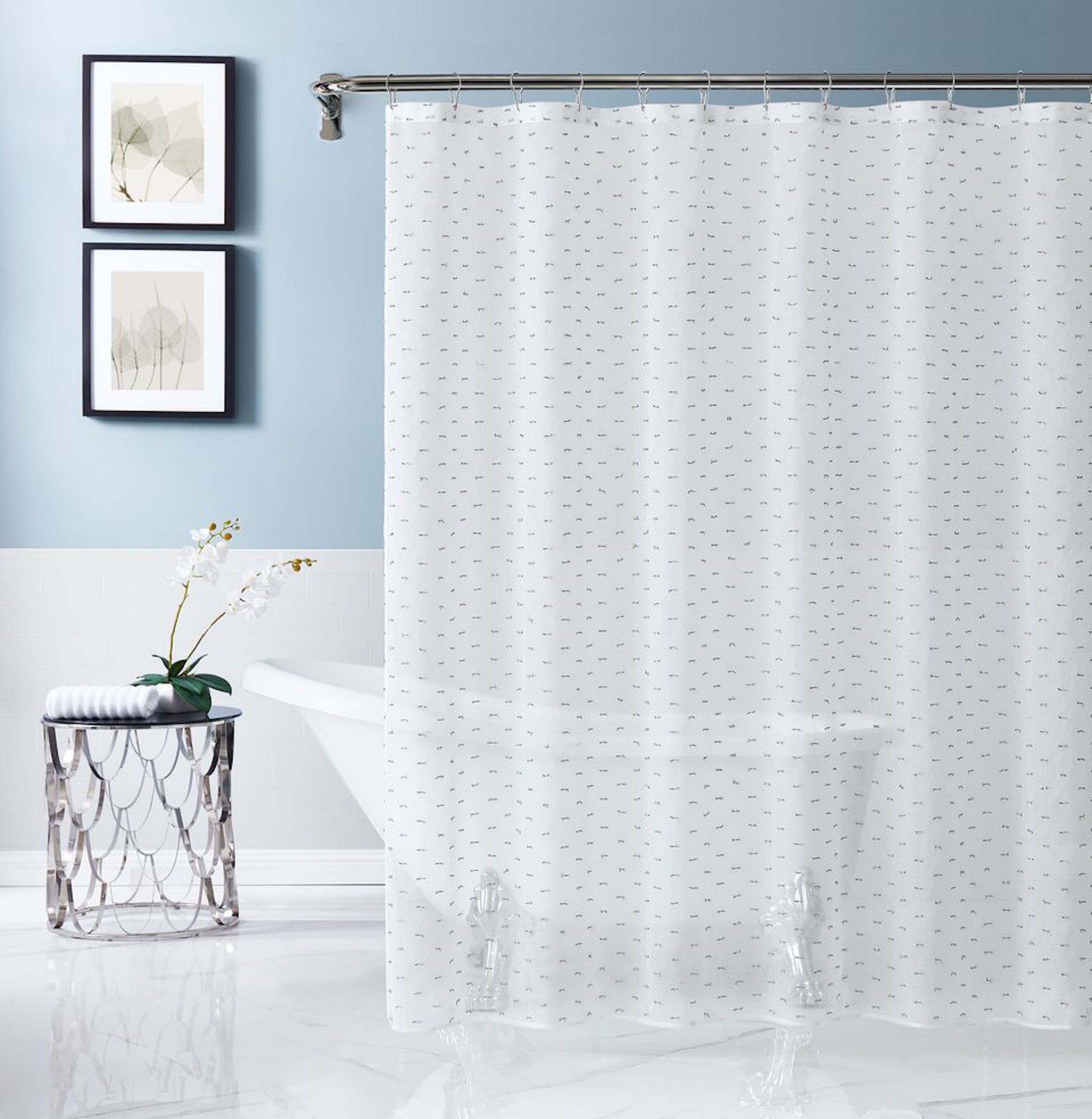 Dainty Home Sprinkles 3D Solid Linen Look Textured Ribbon Embellished Lurex Designed Fabric Shower Curtain