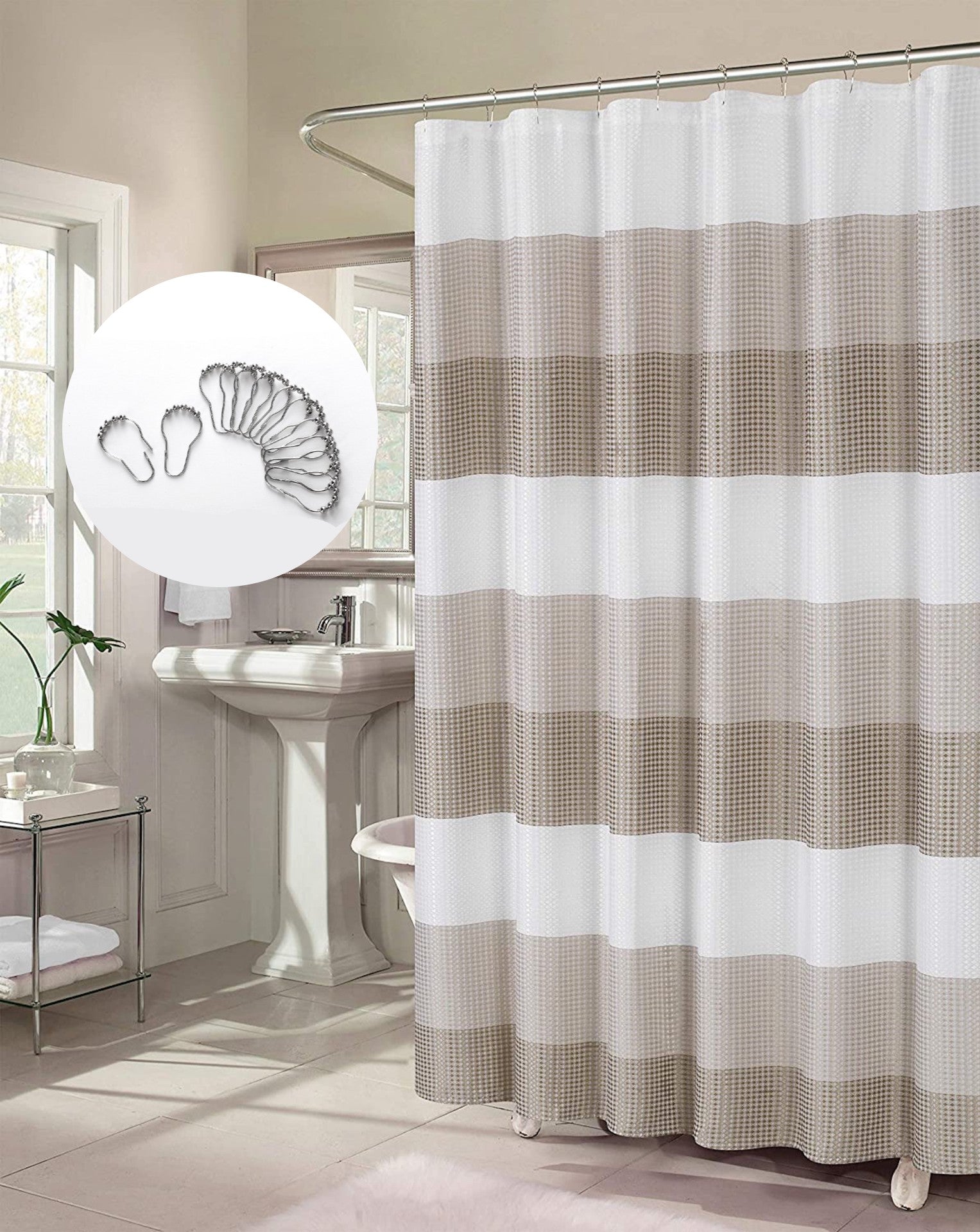 Dainty Home Ombre Waffle 13 Piece Set 3D Striped Ombre Design Shower Curtain with 12 Roller Ball Hooks Included