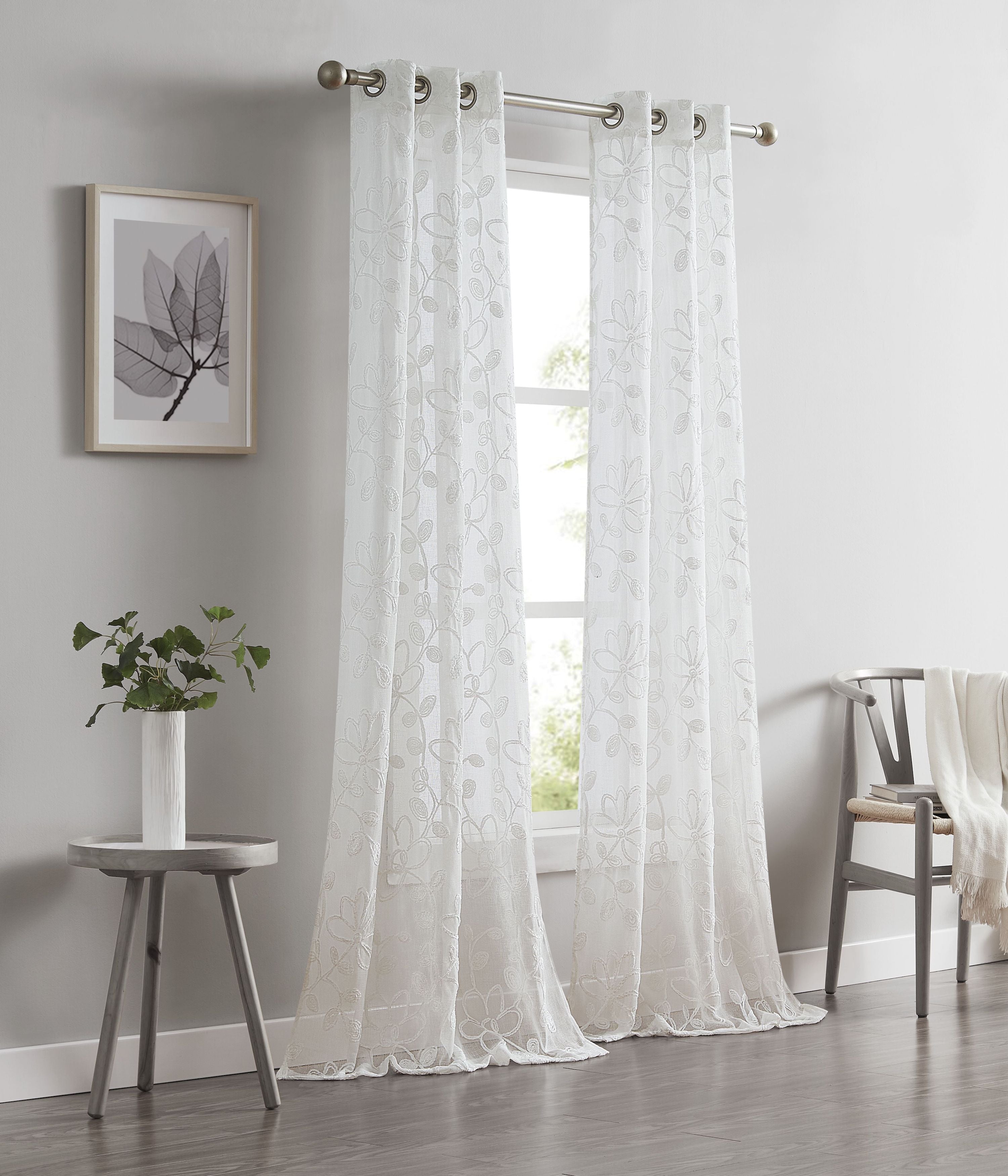 Dainty Home Rita Linen Look Boho Solid Fabric With 3D Floral Chenille Embroidery Light Filtering Grommet Panel Pair
