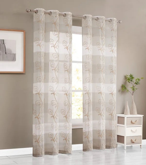 Dainty Home Silvia Boho Ombre Striped Gradient Fabric With 3D Floral Chenille Embroidered Linen Look Light Filtering Grommet Panel Pair