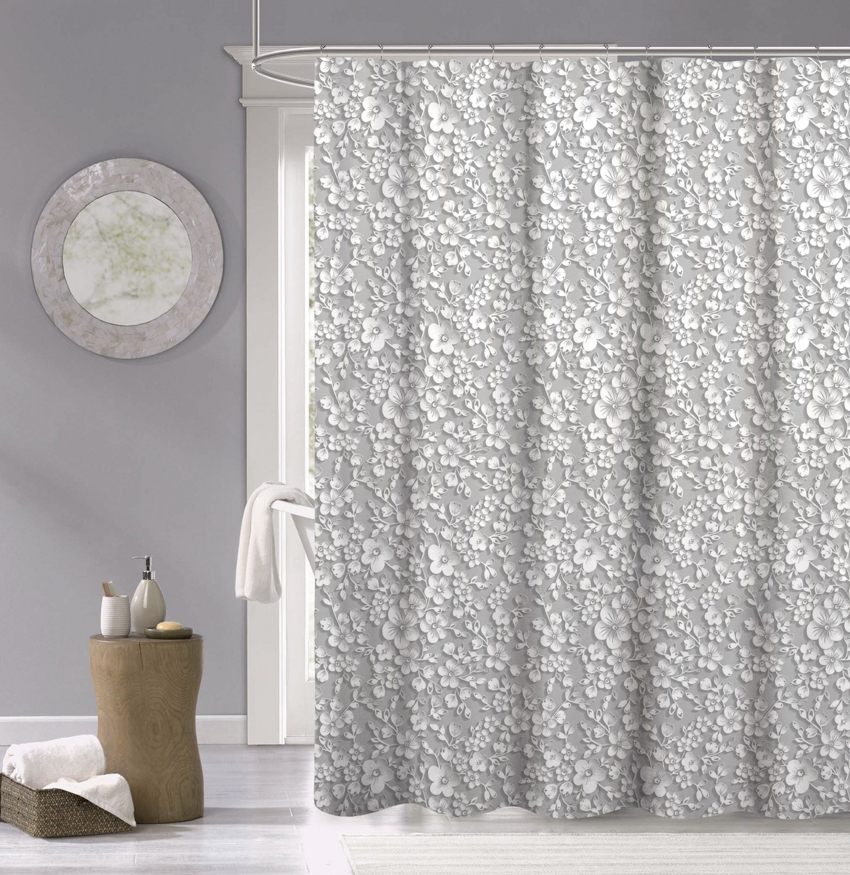 Dainty Home 100% Cotton  Floral 3d Look Fabric Shower Curtain, 70''W x 72''L, White